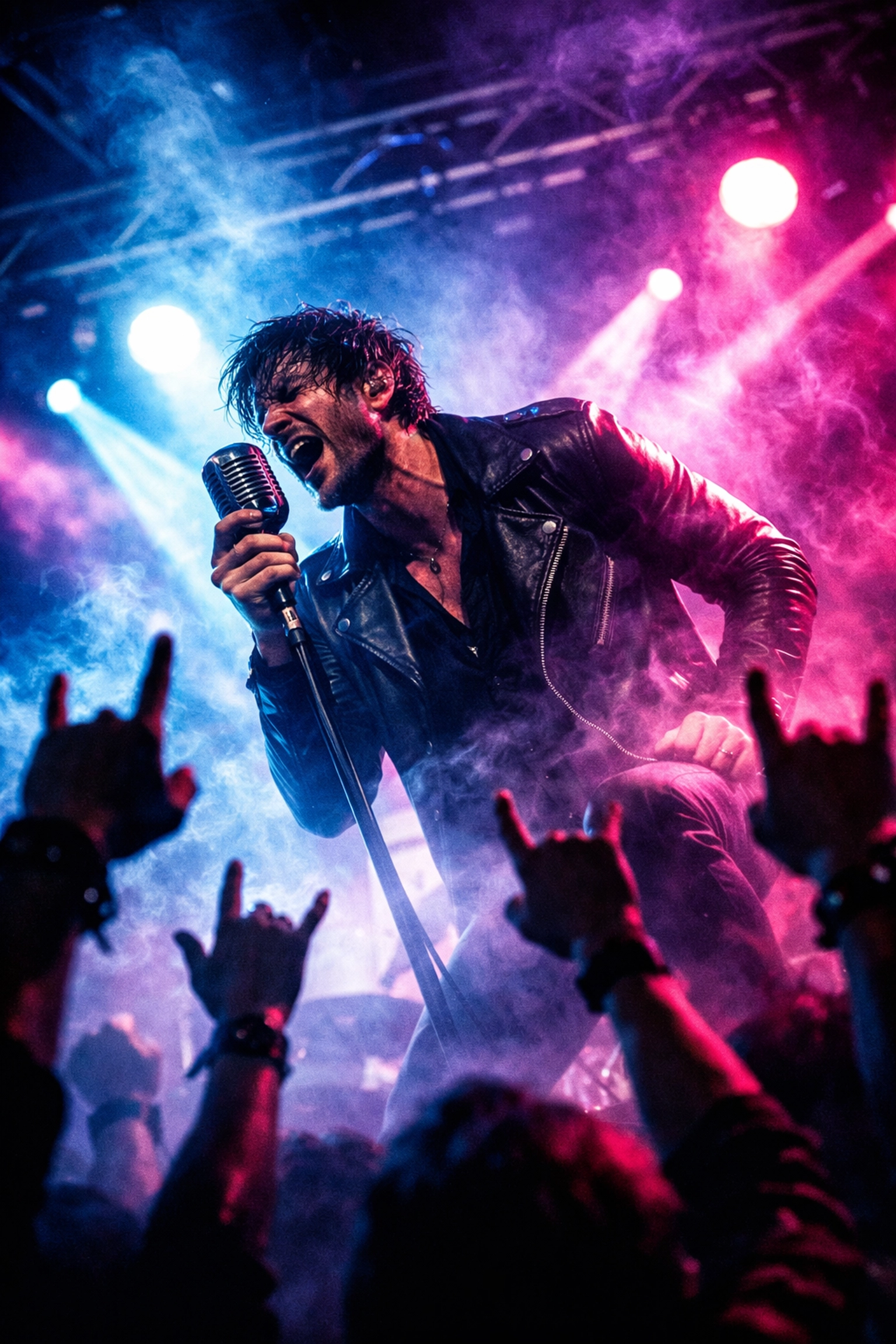 Live rock concert performance at an intimate Montreal music venue with a singer under strobe lights.