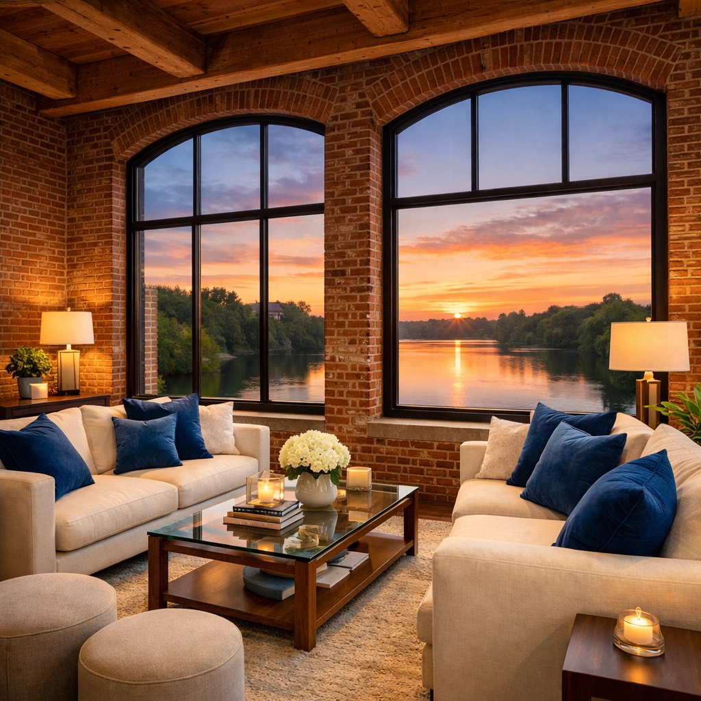 A serene living room in a Lowell mill after a professional house cleaning Lowell MA service.
