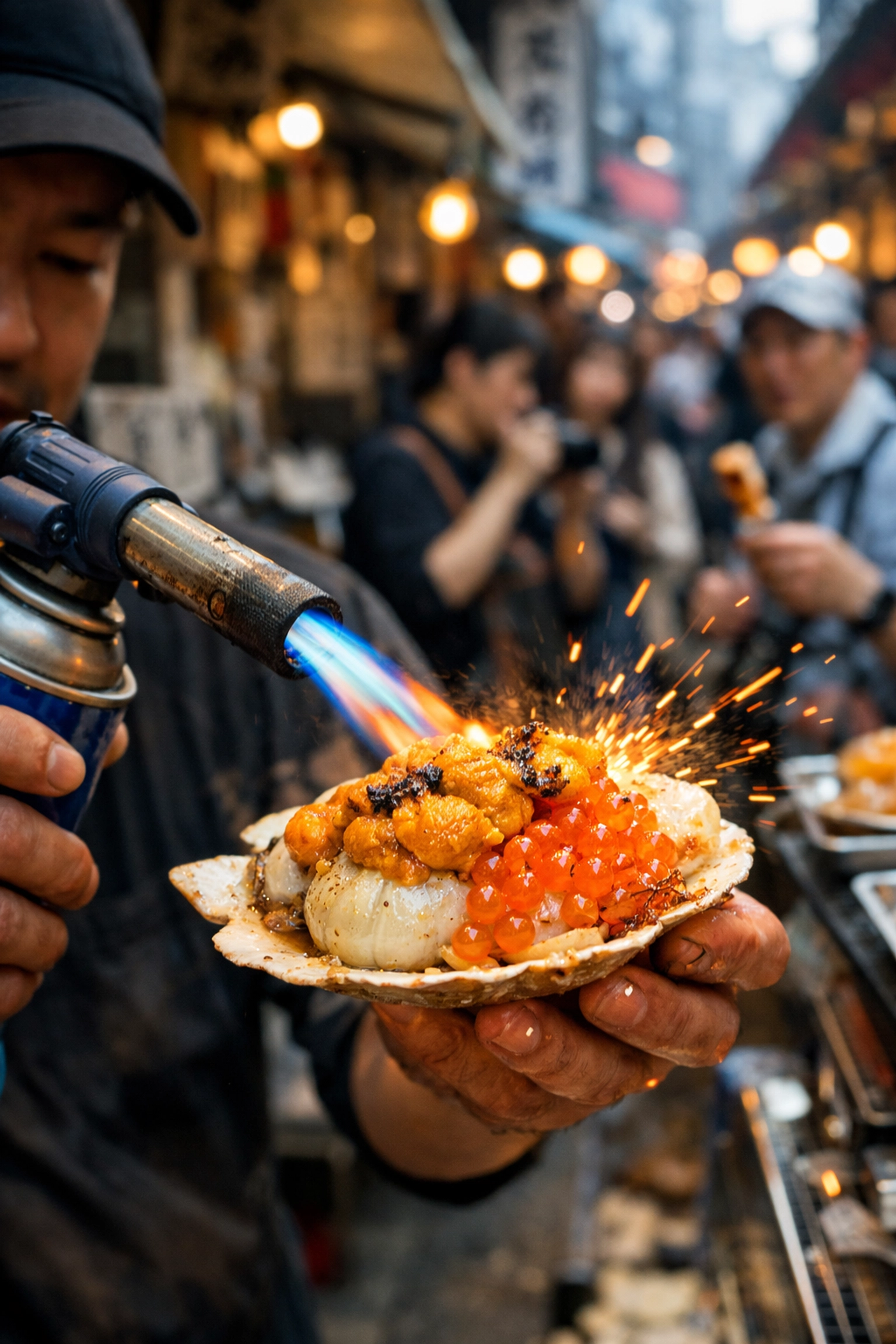 A local vendor grilling giant scallops with a blowtorch at the bustling Tsukiji Outer Market in Tokyo.