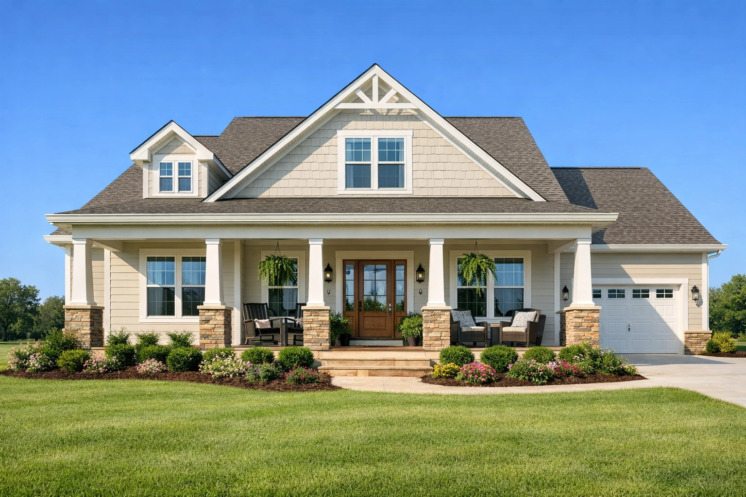 A brand-new traditional site-built home with a front porch in Terrell, Texas.