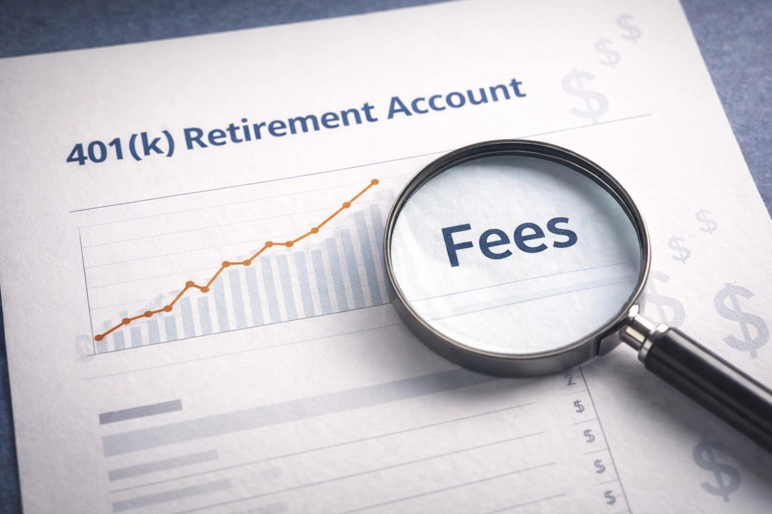401(k) fee document with magnifying glass highlighting fees