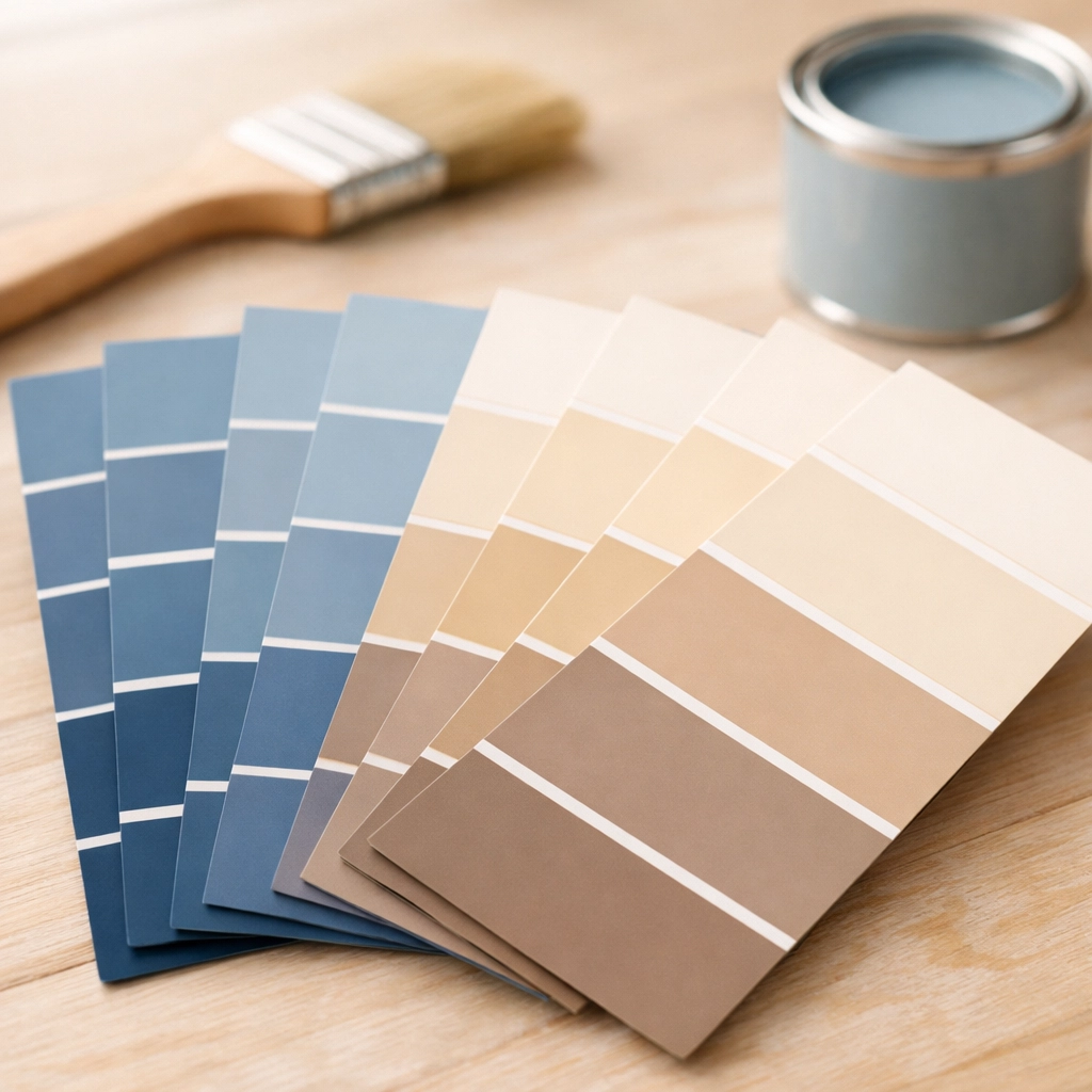 Coastal blue and warm neutral paint color swatches for Bucks County home staging