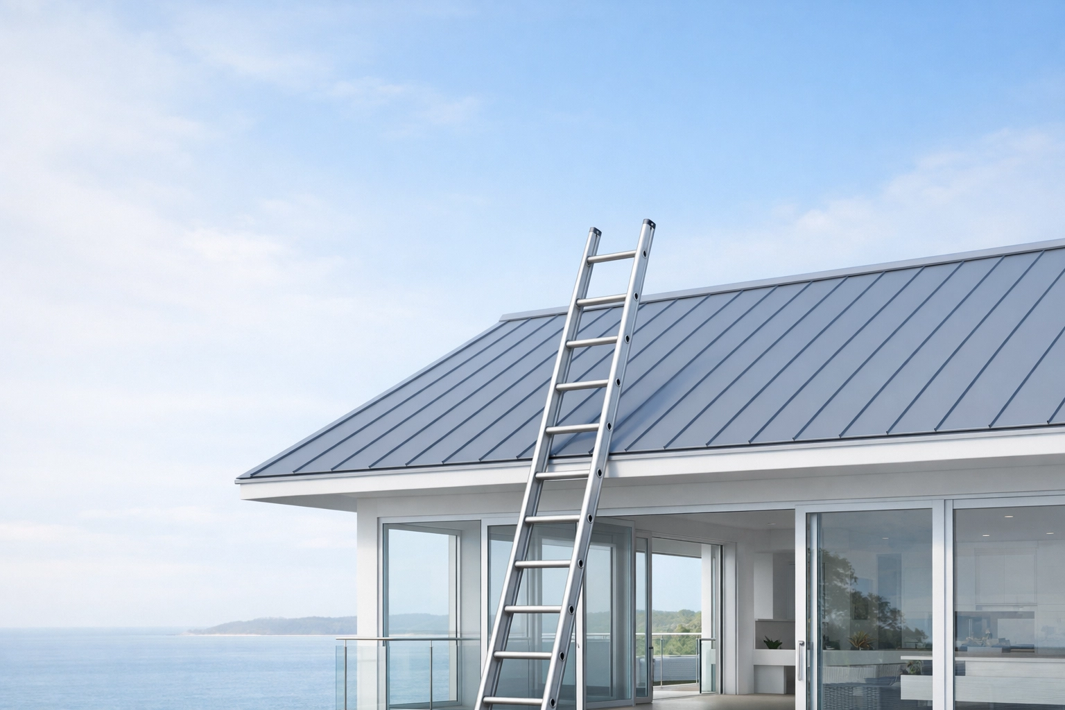 Emergency roof repairs on a modern Northern Beaches coastal home after a storm.