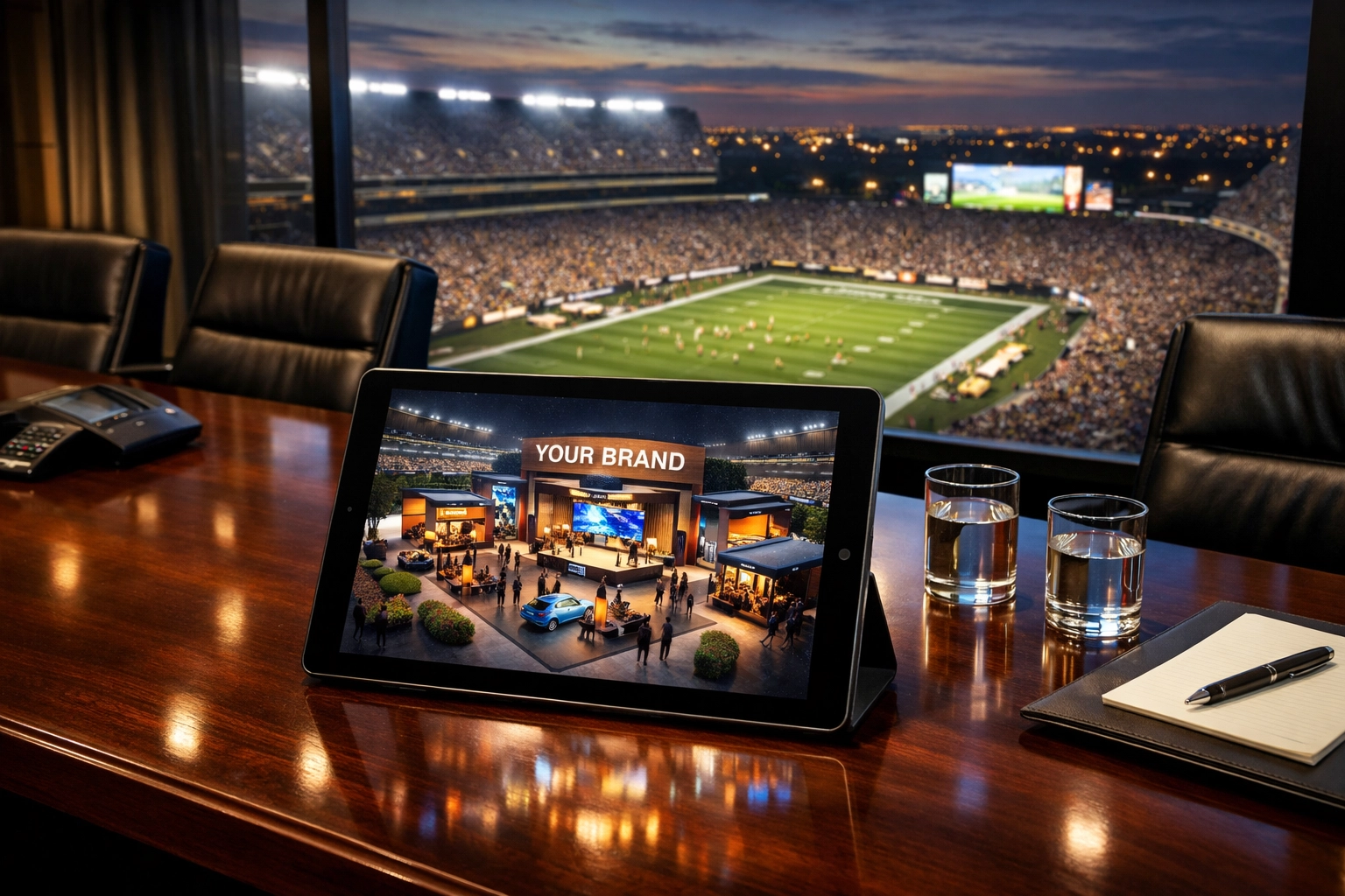 Corporate boardroom overlooking a stadium with a digital brand activation strategy for Super Bowl marketing.