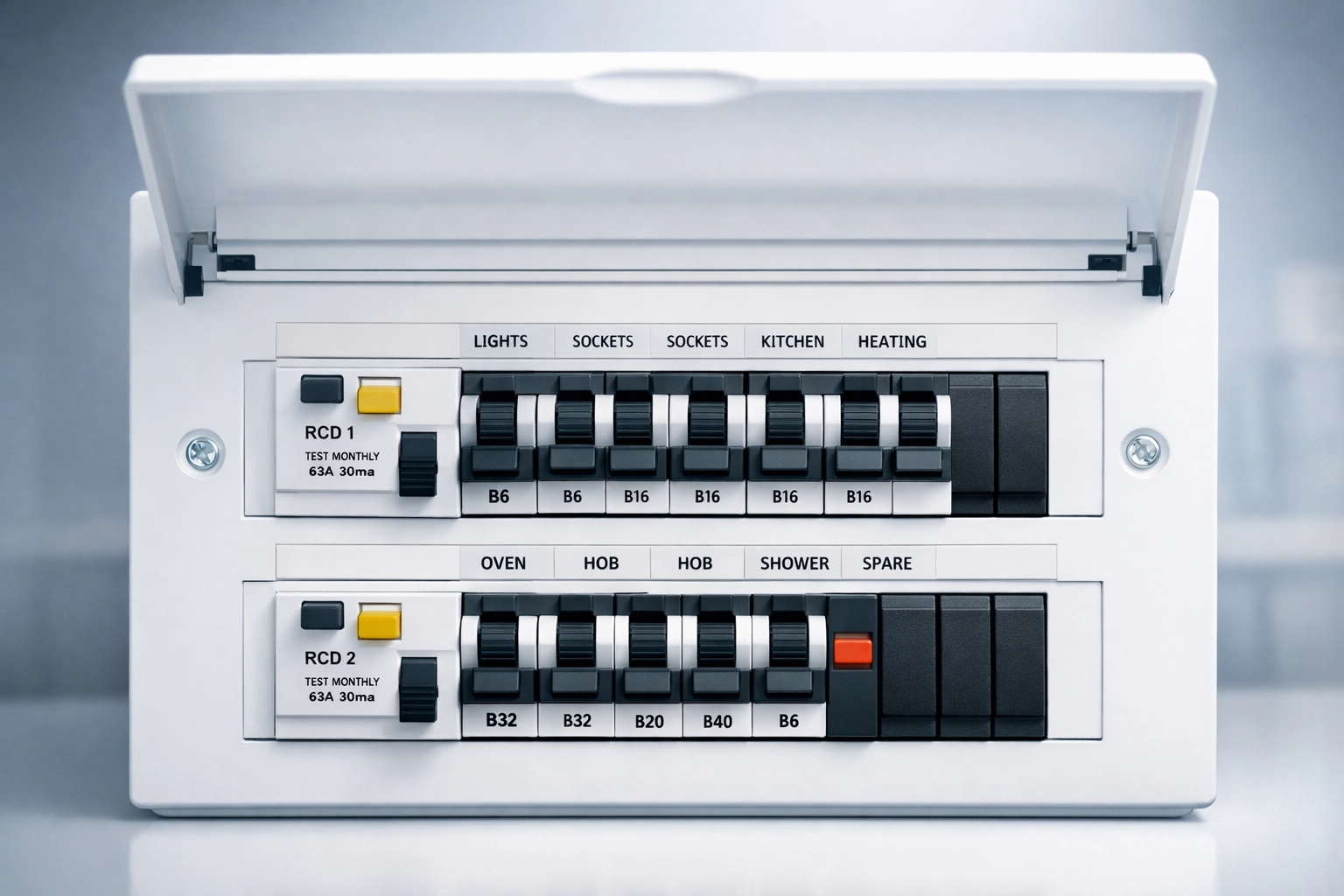 Modern consumer unit with RCD protection and circuit breakers installed