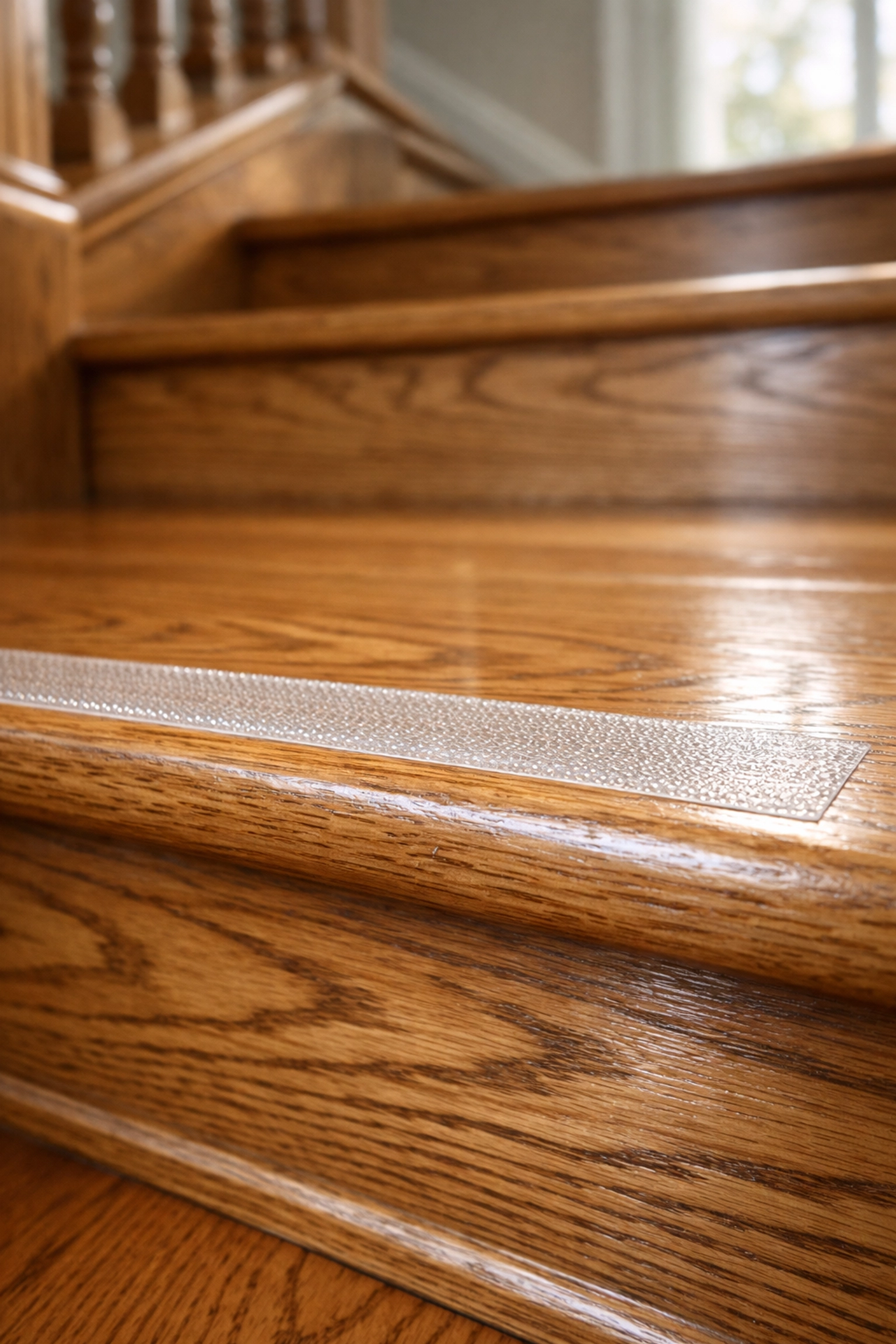 Transparent anti-slip adhesive strip applied to the edge of a polished oak stair for better traction.