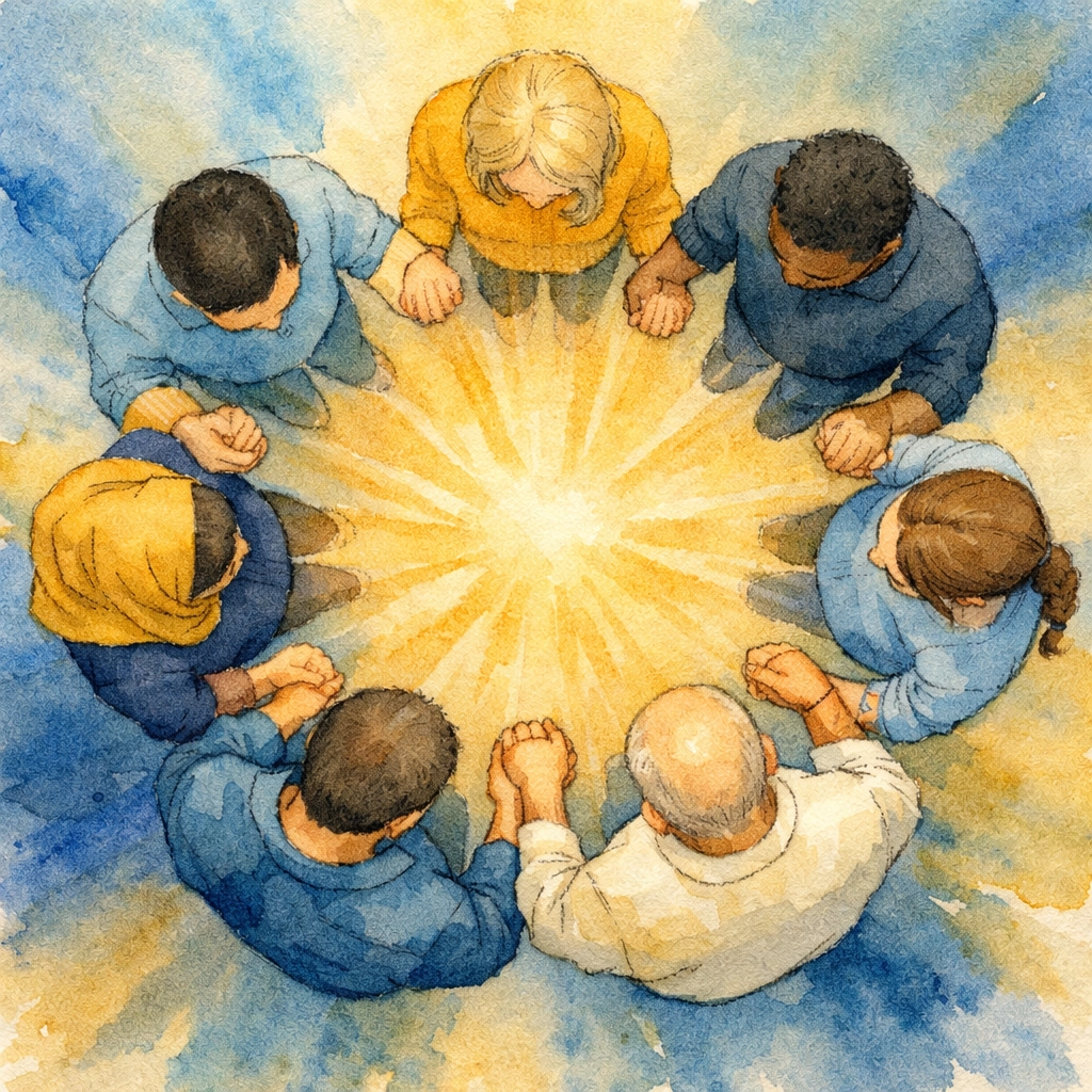 Community prayer circle showing diverse Christians united in faith and support