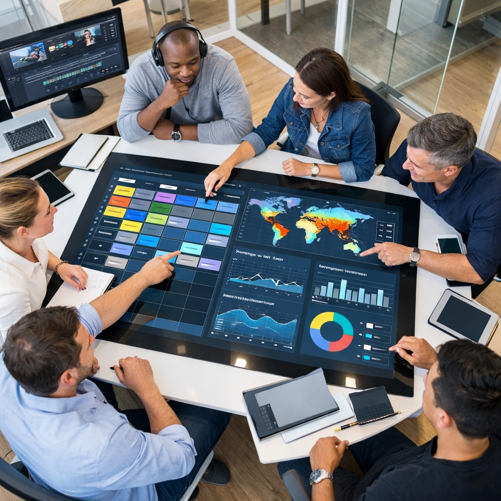 Media operations team collaborating on unified linear and streaming content management system