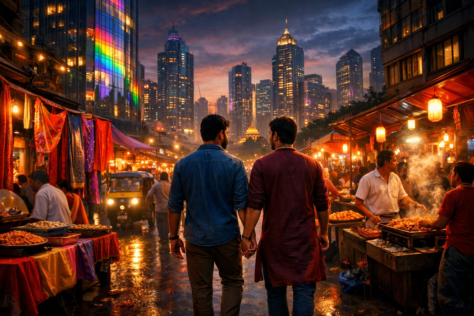 Gay couple holding hands in modern Indian city street market, representing urban LGBTQ+ life