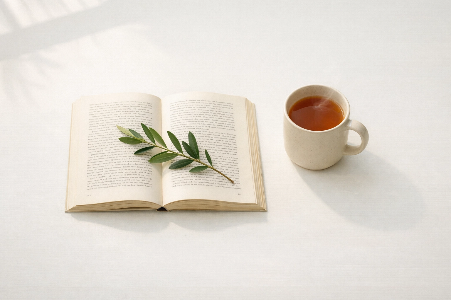An open book with an olive branch on a sunlit table, representing peace and a return to the Gospel.