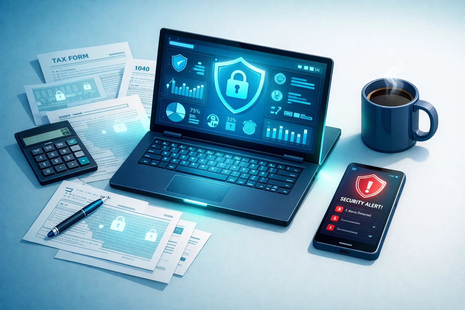 Tax professional's desk with security dashboard monitoring WISP compliance and data protection