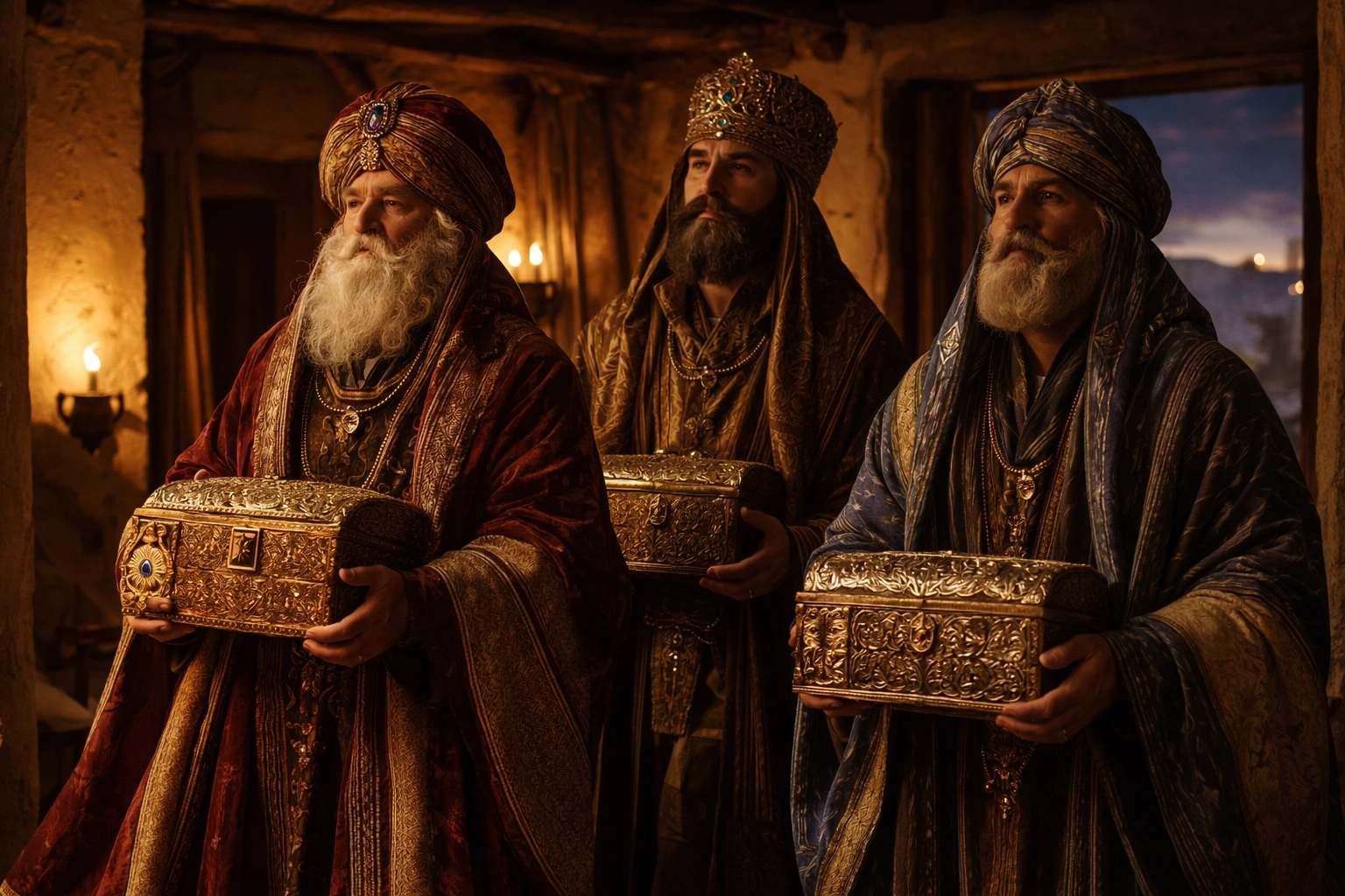 The three wise men entering a humble home carrying treasure chests with gifts of gold, frankincense, and myrrh
