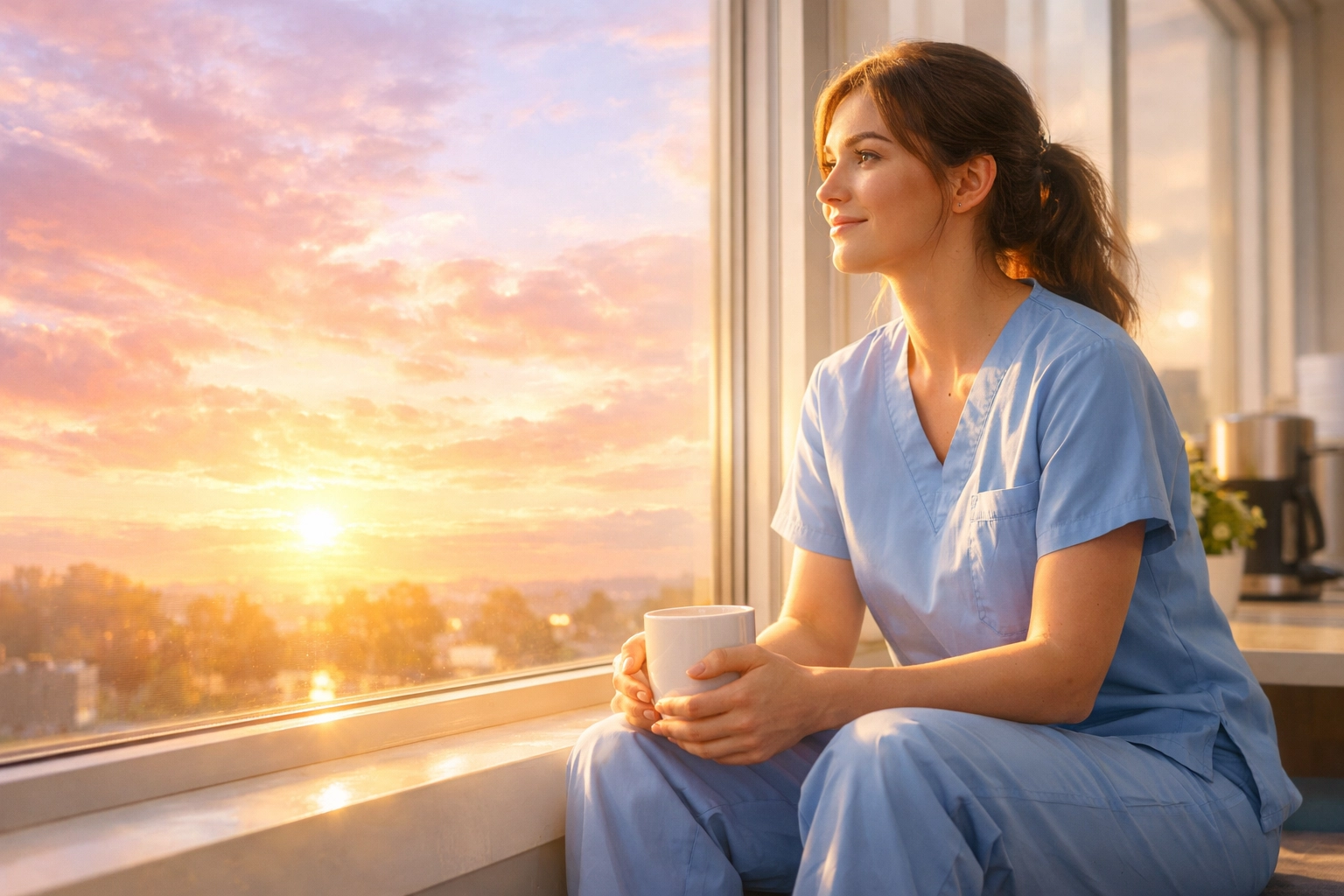 A caregiver in medical scrubs sitting by a window at sunrise, experiencing God's peace during a quiet moment at work.