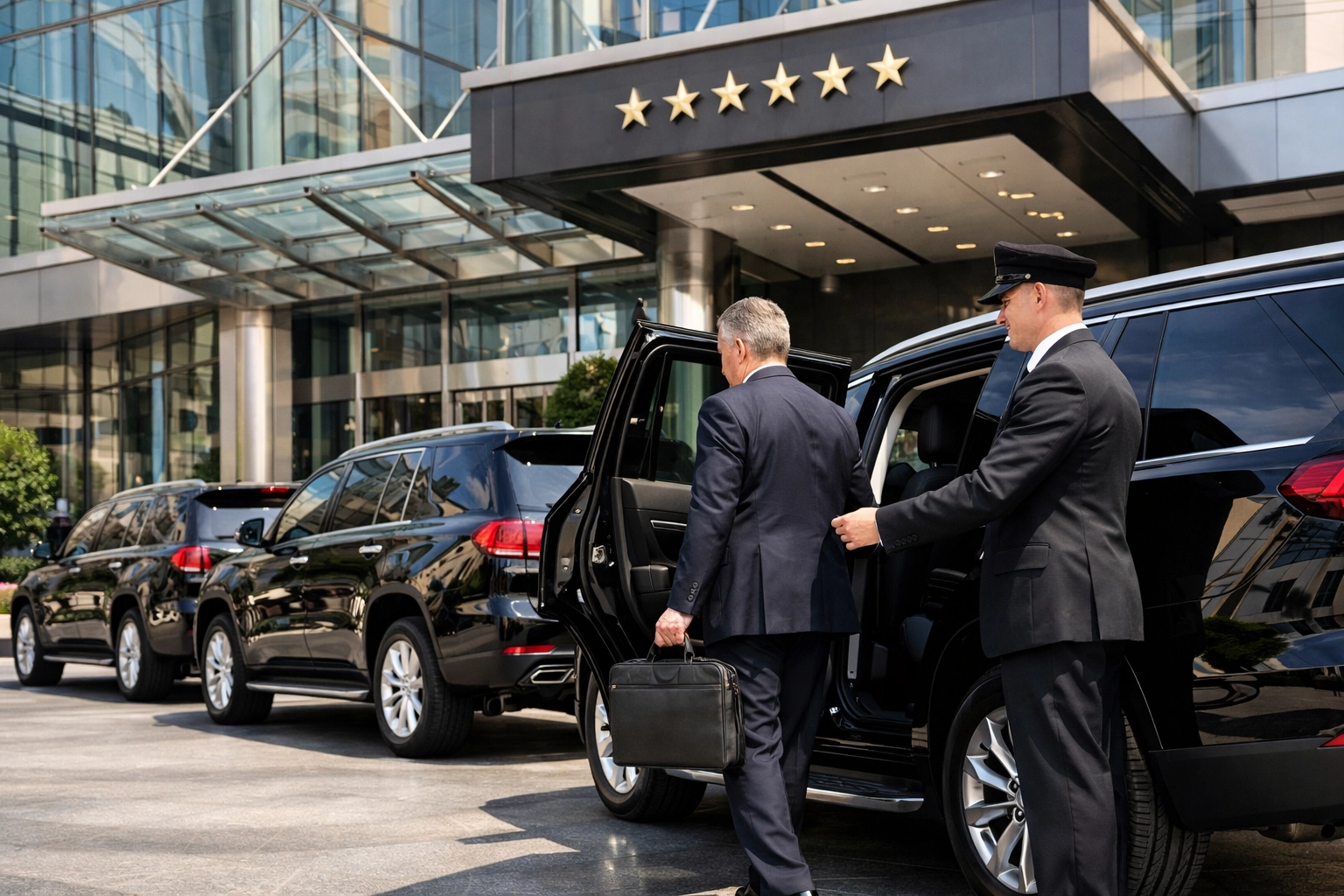 Professional chauffeur opening a black luxury SUV for an executive at a high-end hotel for Super Bowl logistics.