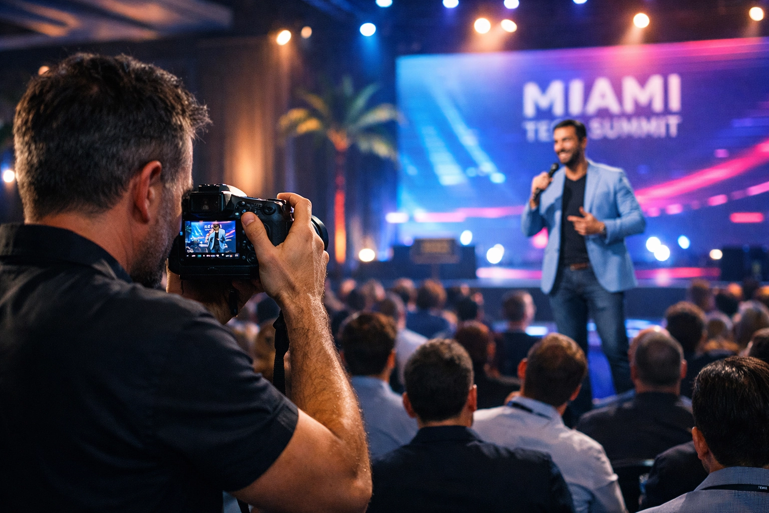 Professional Miami event photographer capturing a keynote speaker at a high-energy corporate conference.