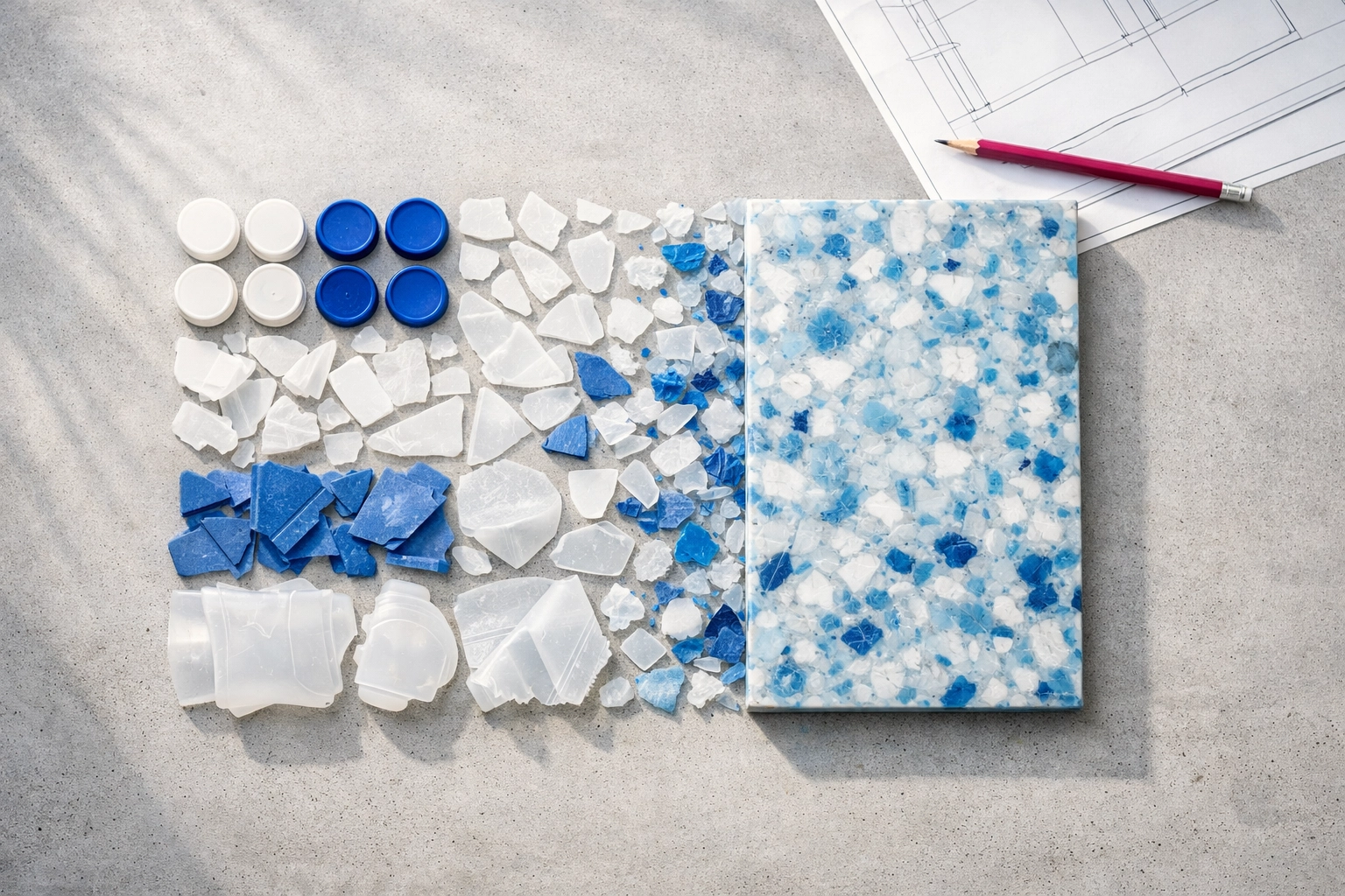 Australian plastic waste transitioning into a recycled plastic panel for sustainable construction materials.