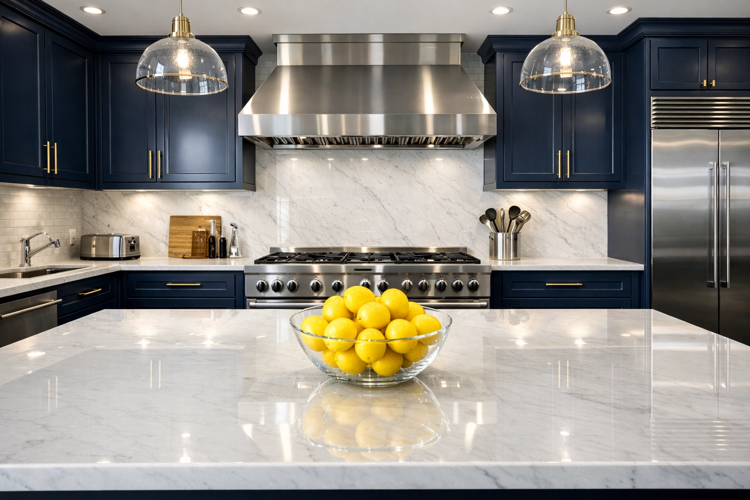 Immaculate luxury kitchen with sparkling countertops cleaned by professional cleaners Massachusetts.
