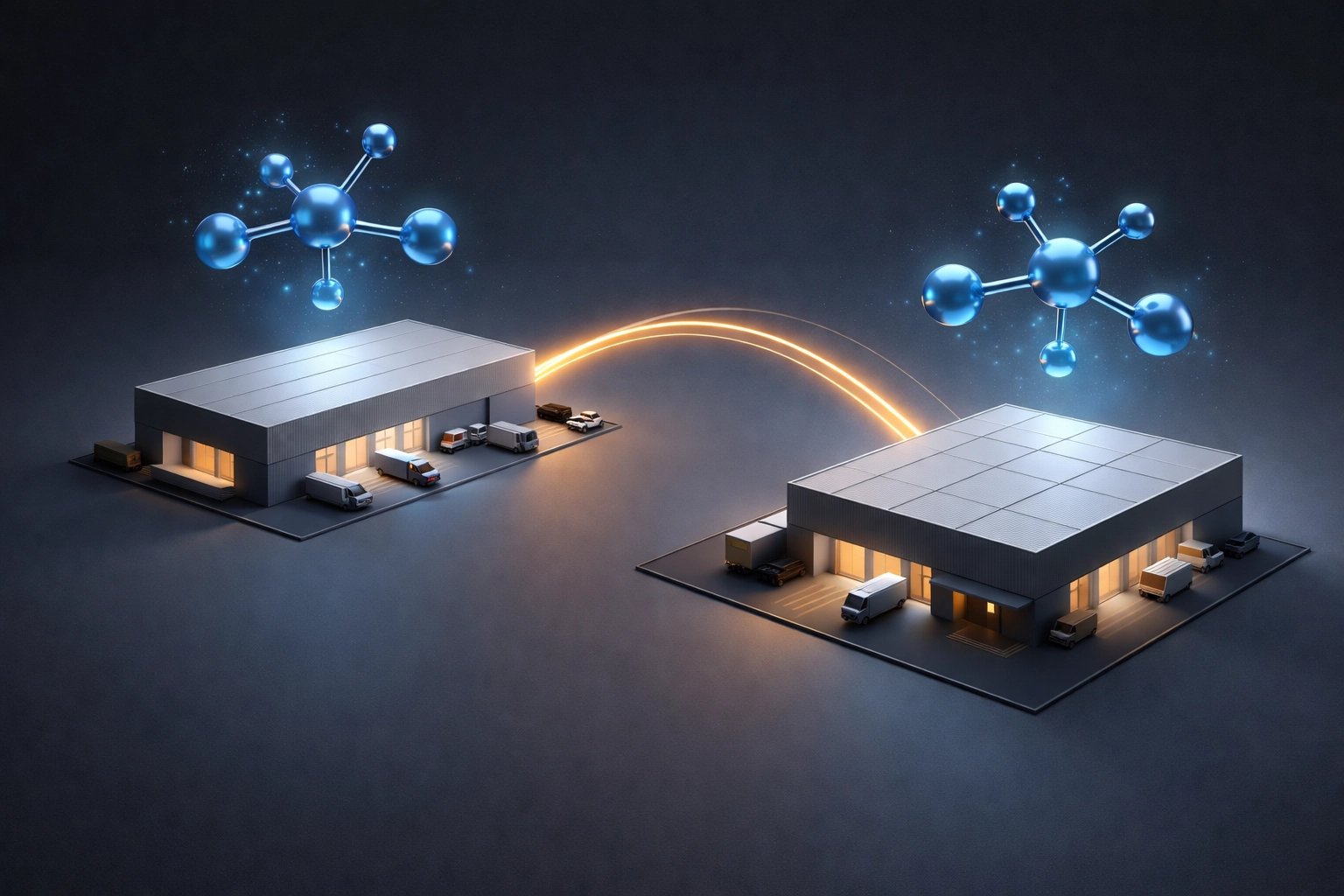 Minimalist image of US and European warehouses connected by supply lines, symbolizing strategic ingredient sourcing.
