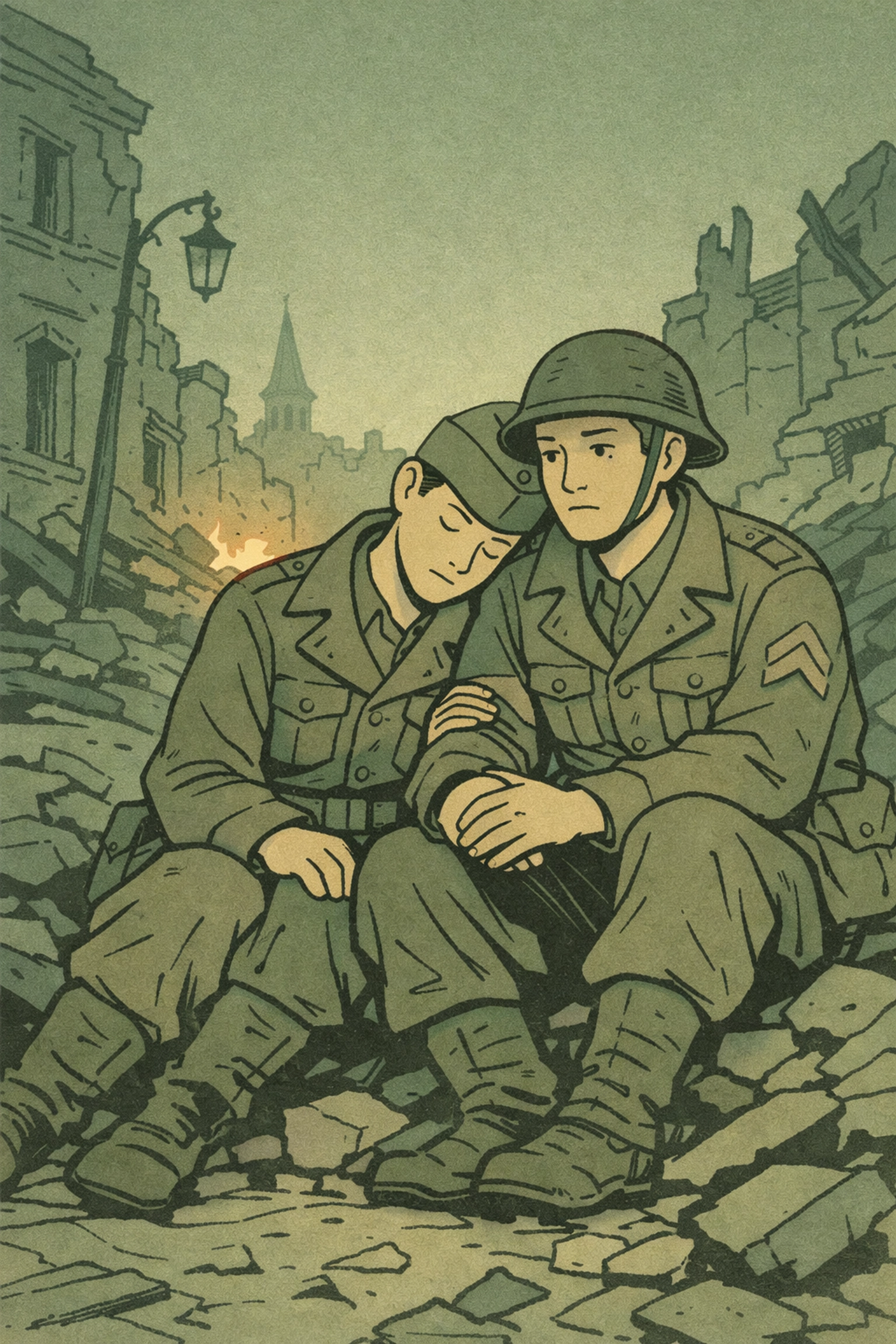 Two men in military uniforms finding comfort together in post-war ruins - MM romance yearning