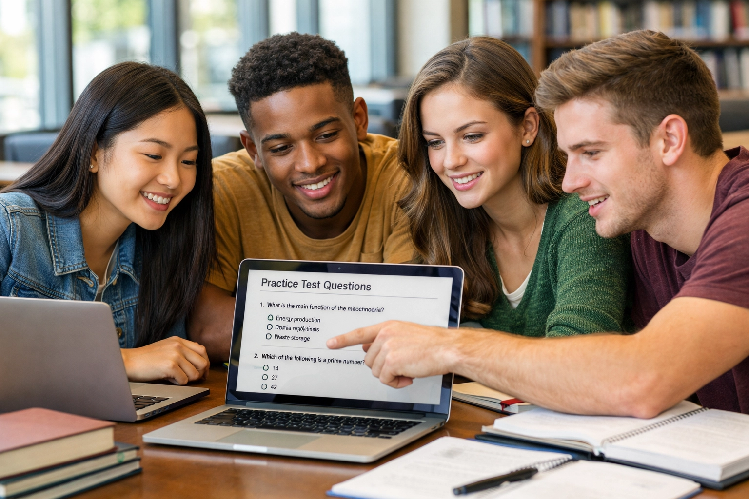 Students collaborating on CLEP practice test questions using laptops in library study session