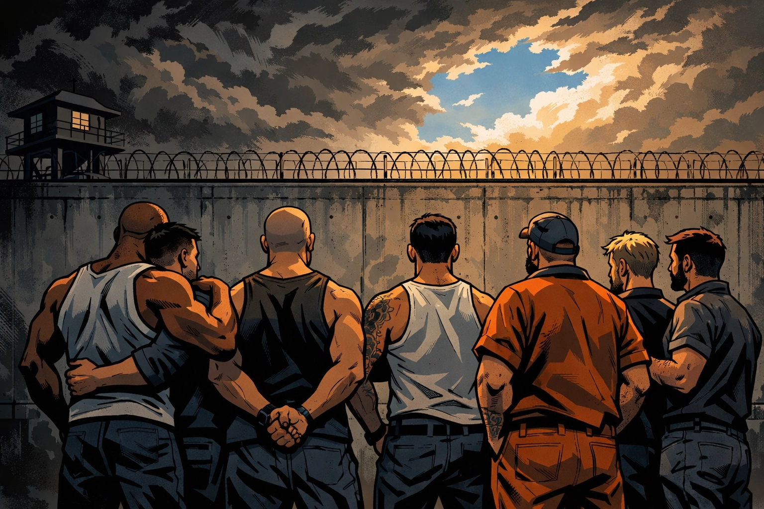 Group of gay men in prison yard facing wall symbolizing resilience and community support