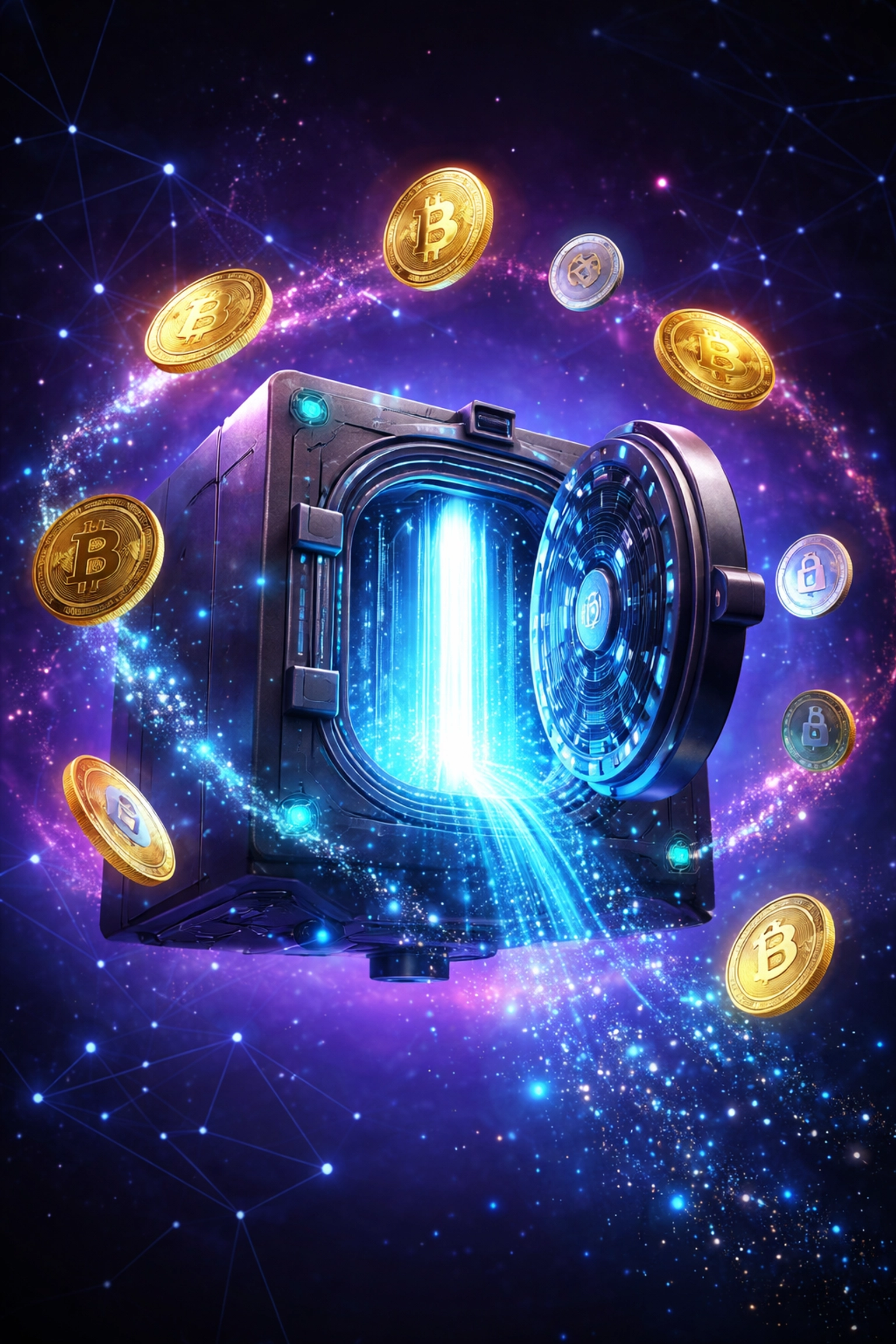 Self-custody crypto vault with coins orbiting, representing bank-free merchant payment sovereignty