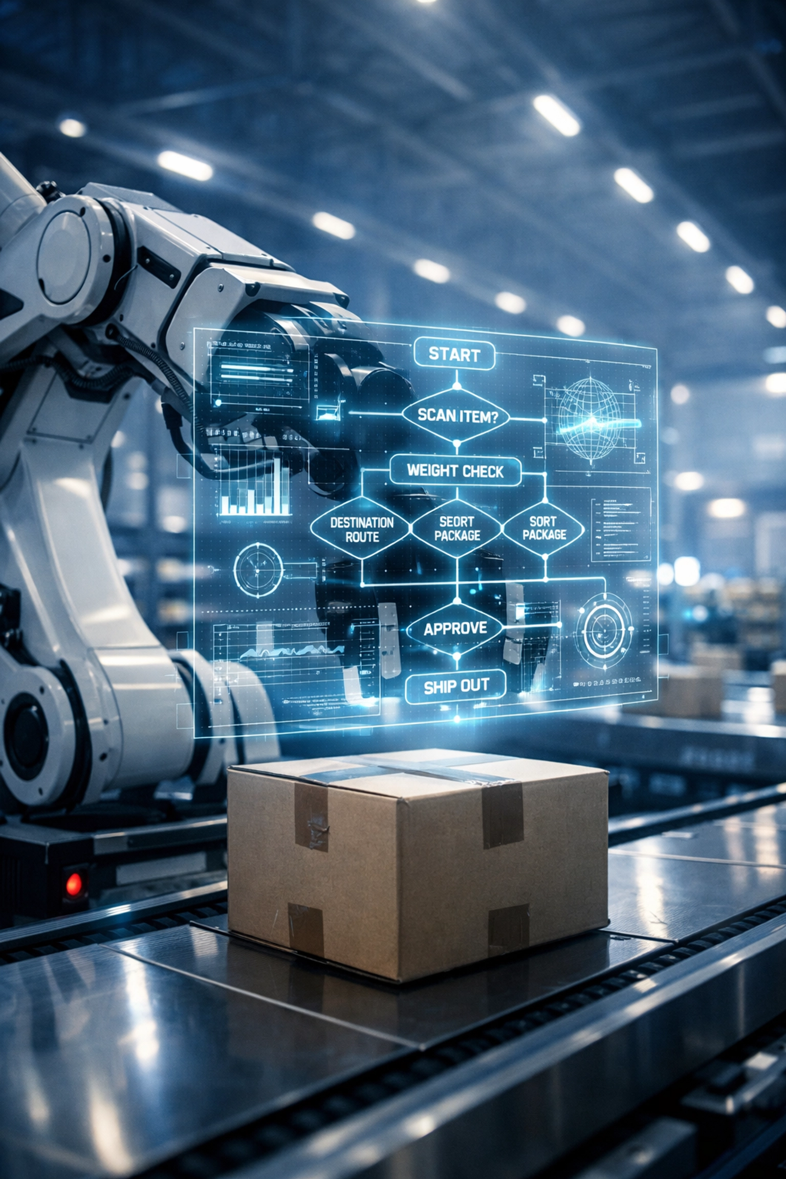 Robotic arm in a logistics warehouse featuring an agentic AI decision-making interface overlay.