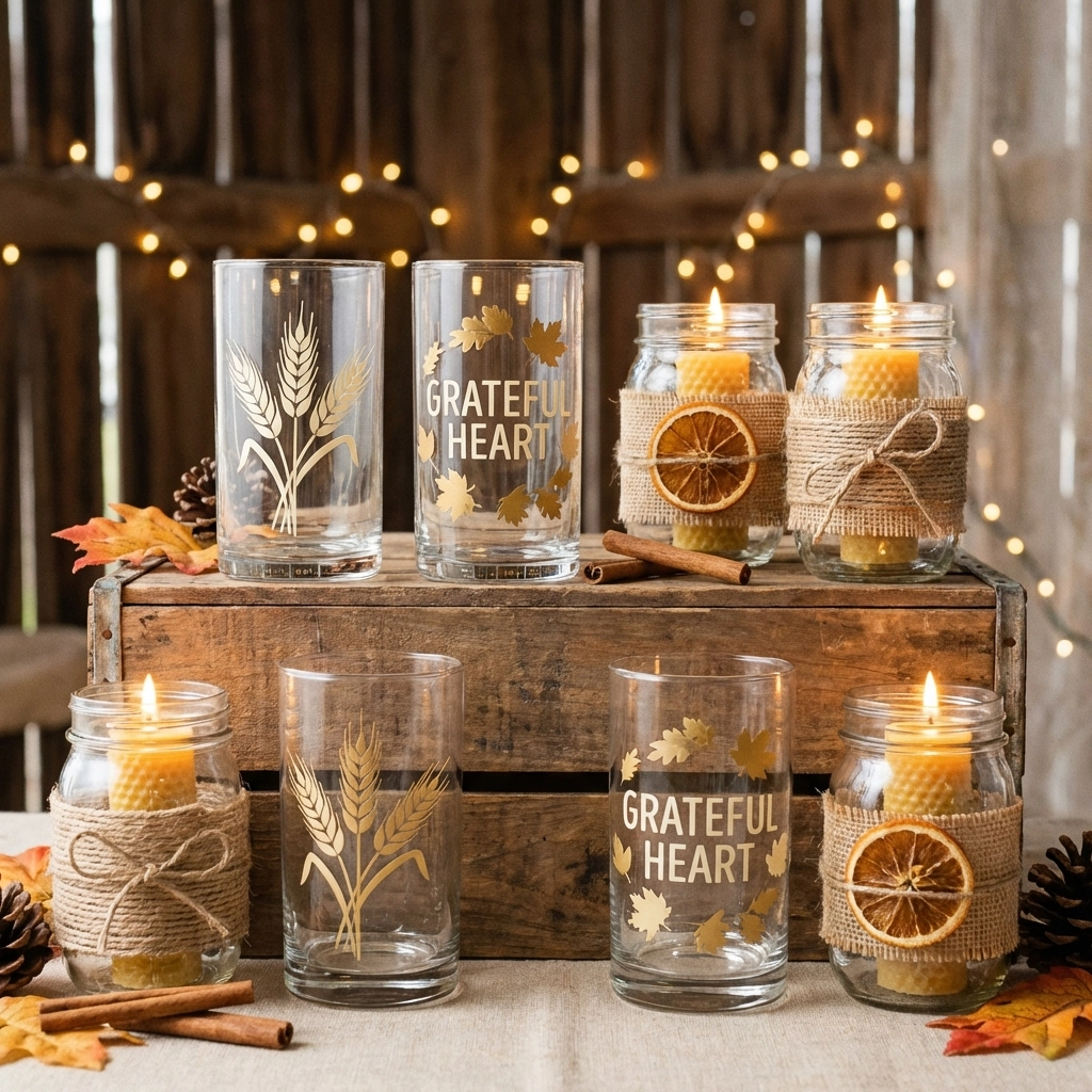 Decorated glass tumblers and handcrafted candle holders arranged on a crate, perfect for last-minute market crafts