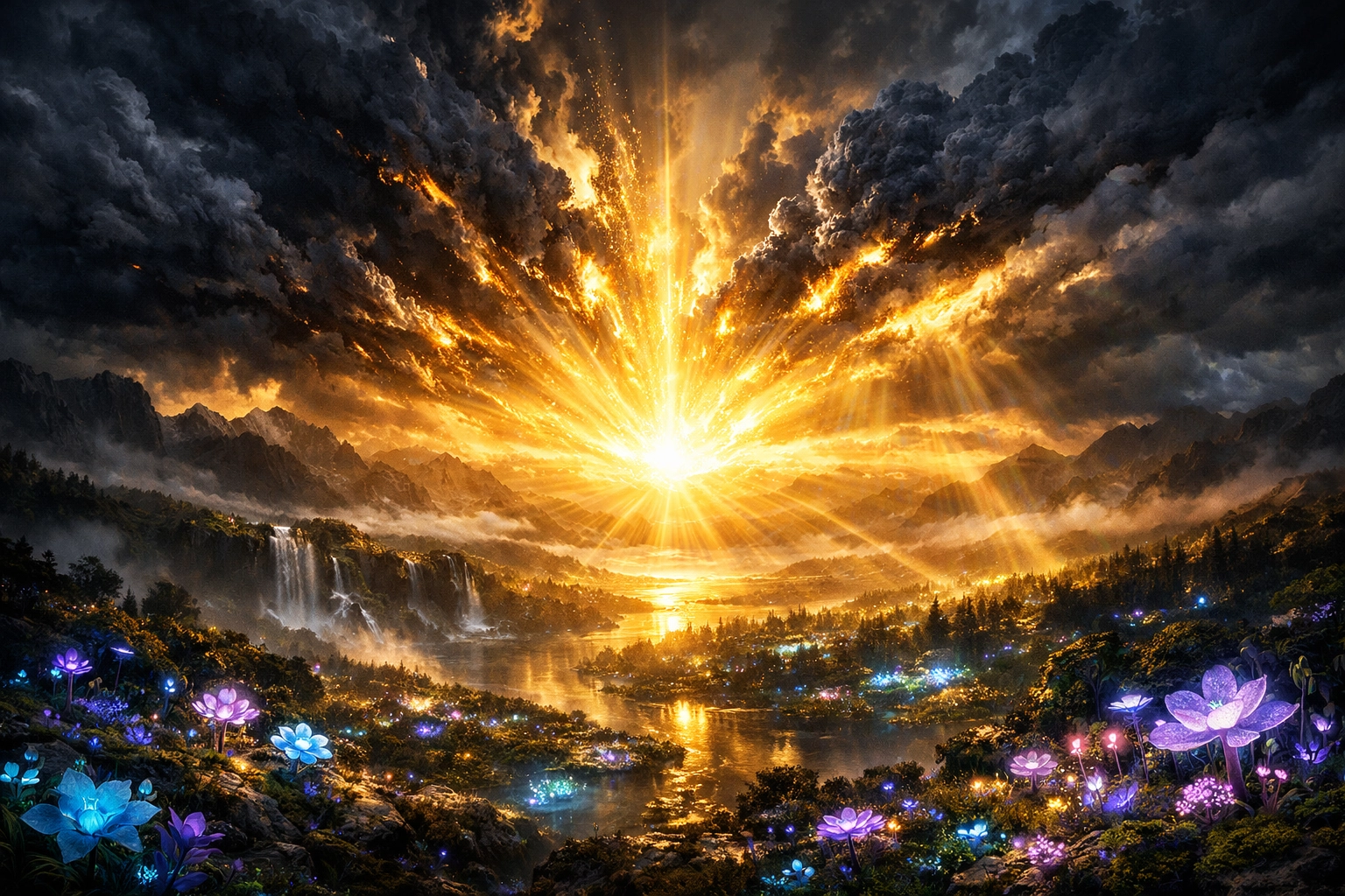 Visionary landscape of golden light breaking through storm clouds to symbolize healing trauma and inner peace.