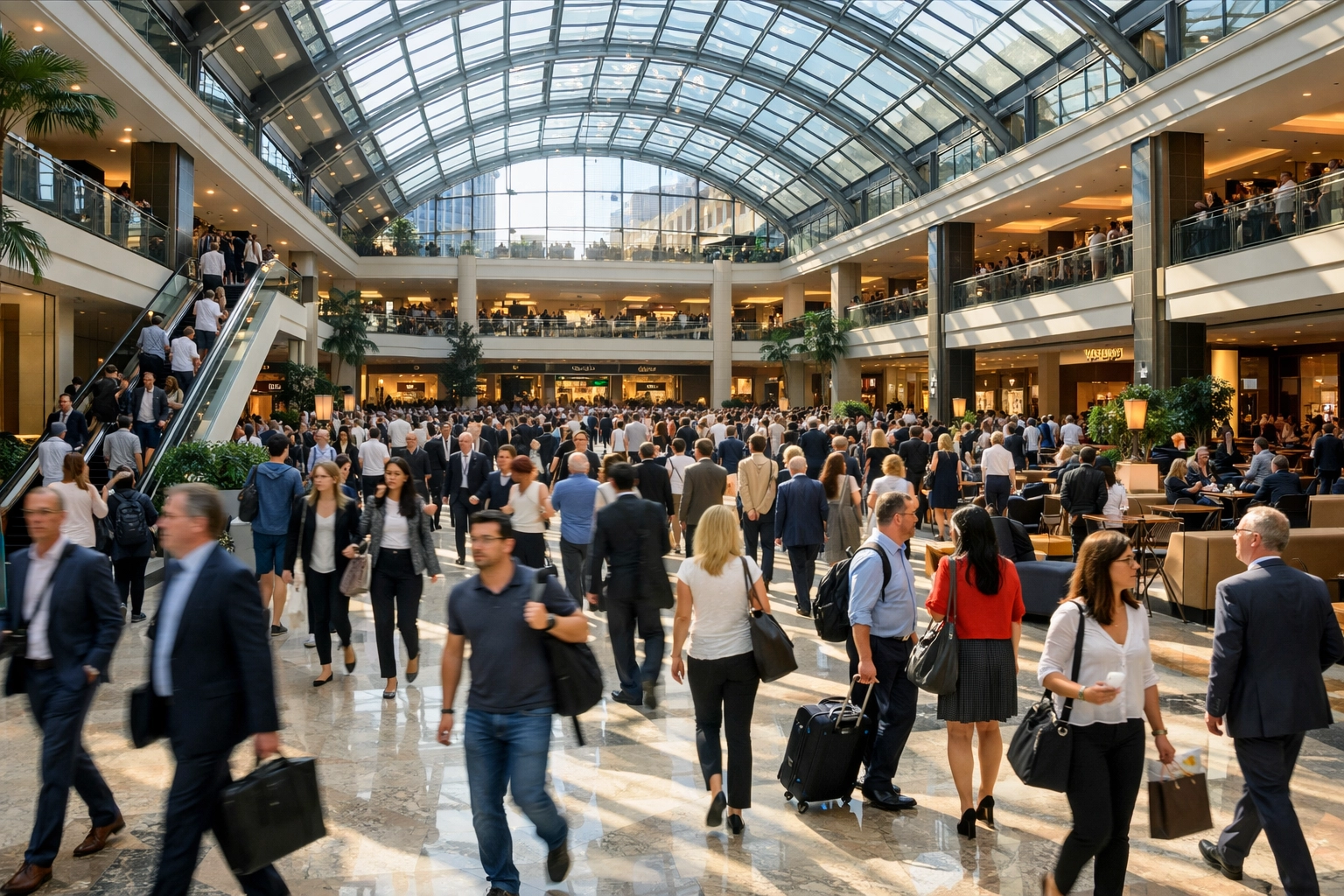 Busy UK shopping mall atrium showing large crowd capacity for Martyn’s Law security compliance.