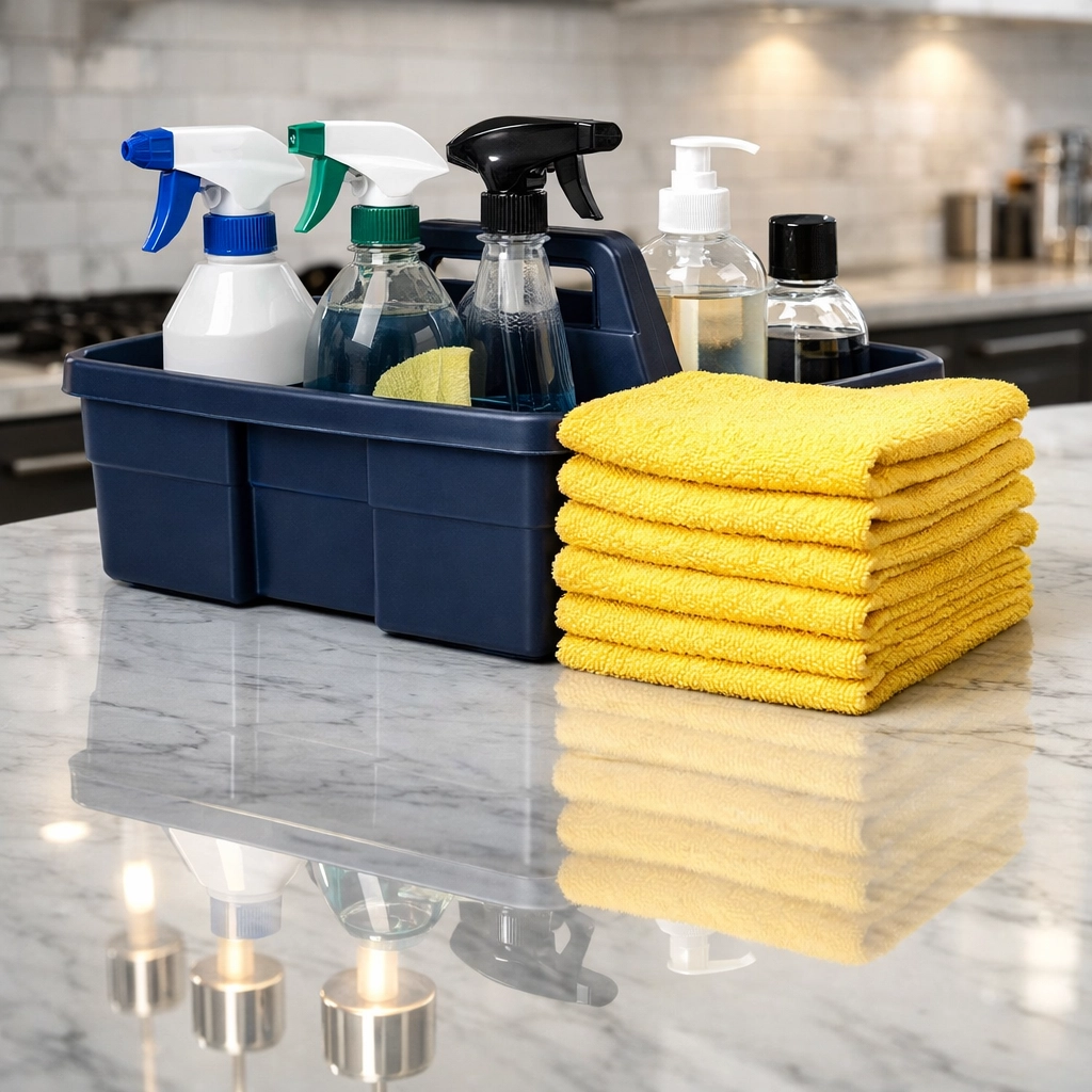 A professional cleaning kit with microfiber cloths ready for a deep cleaning MA service in a modern kitchen.