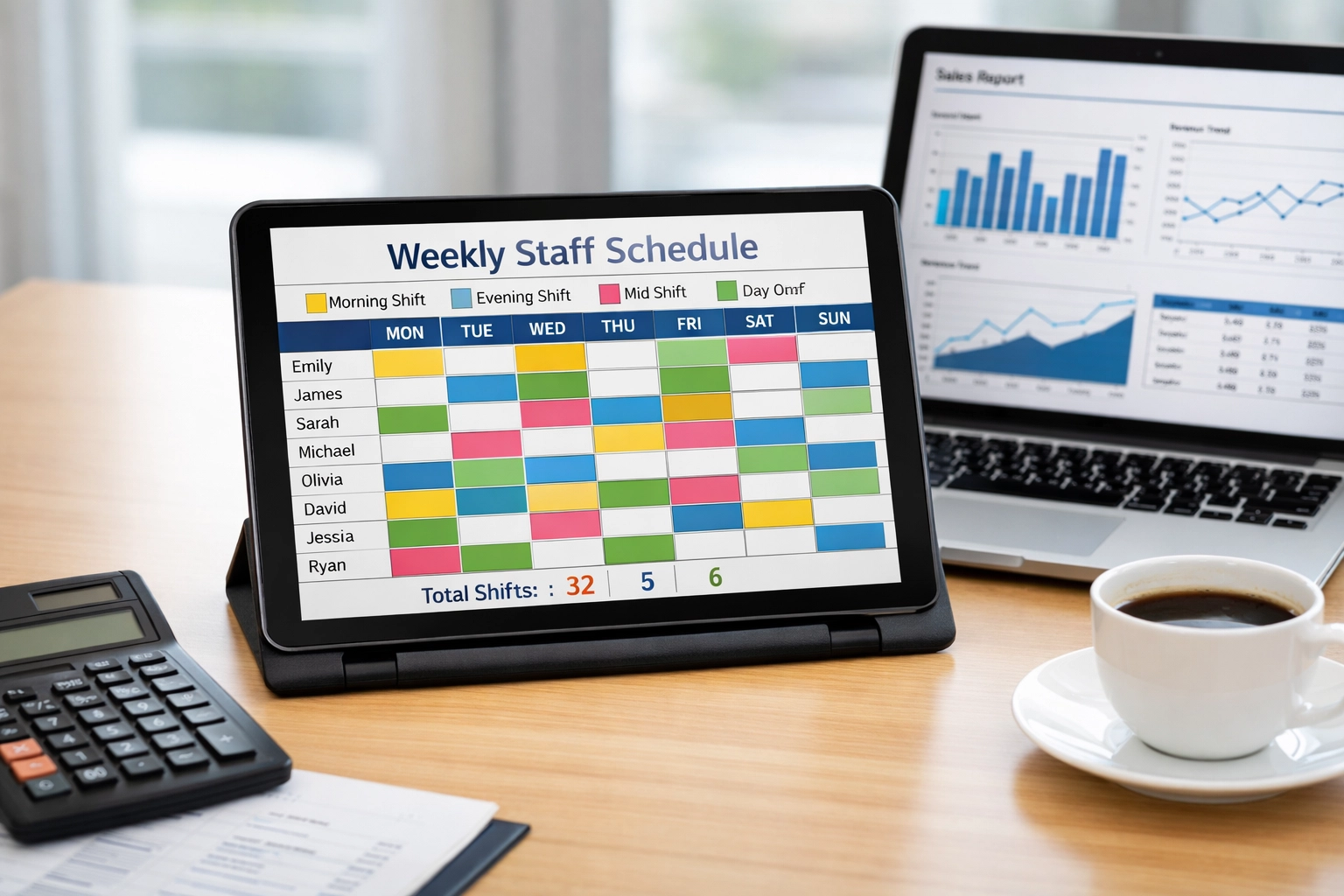 Restaurant manager's desk with staff scheduling tablet and sales data for labor optimization