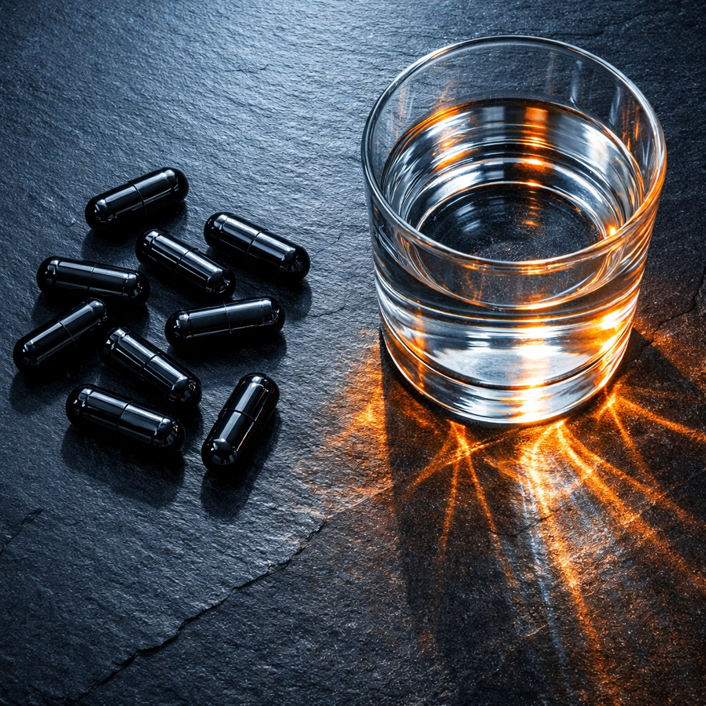 Glossy activated charcoal capsules next to water for daily detox and digestive health support.