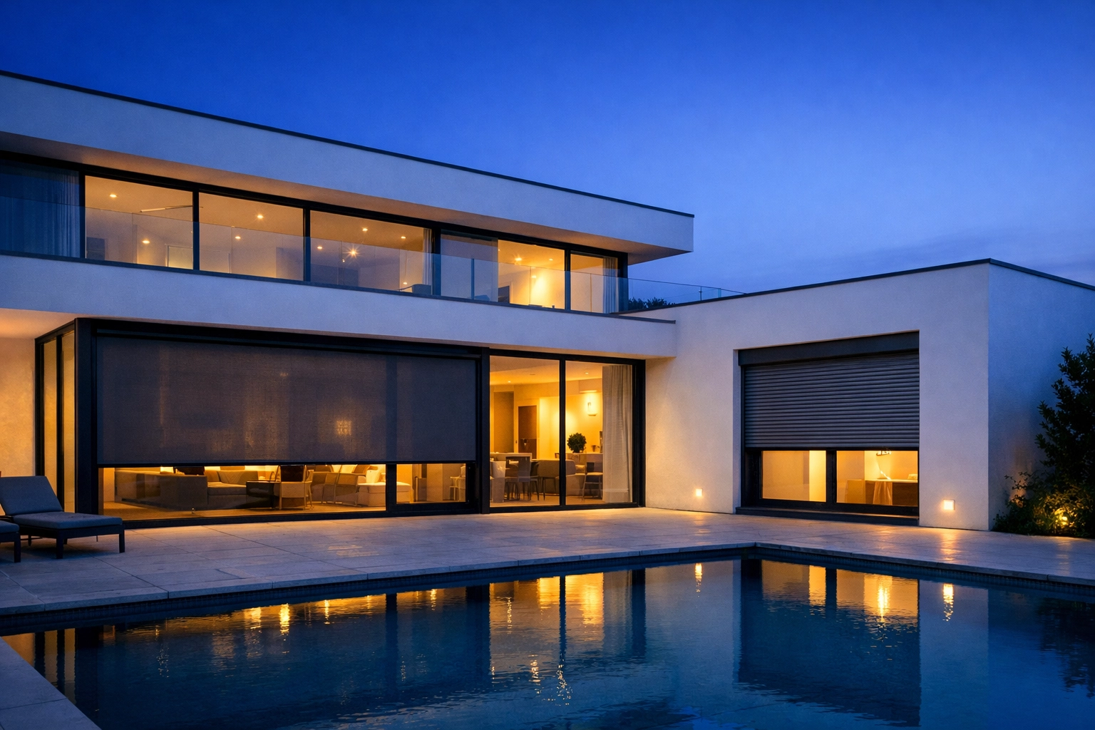 Moderne Architektur mit einer Kombination aus Zip Screen und Rollladen für individuellen Sonnenschutz.