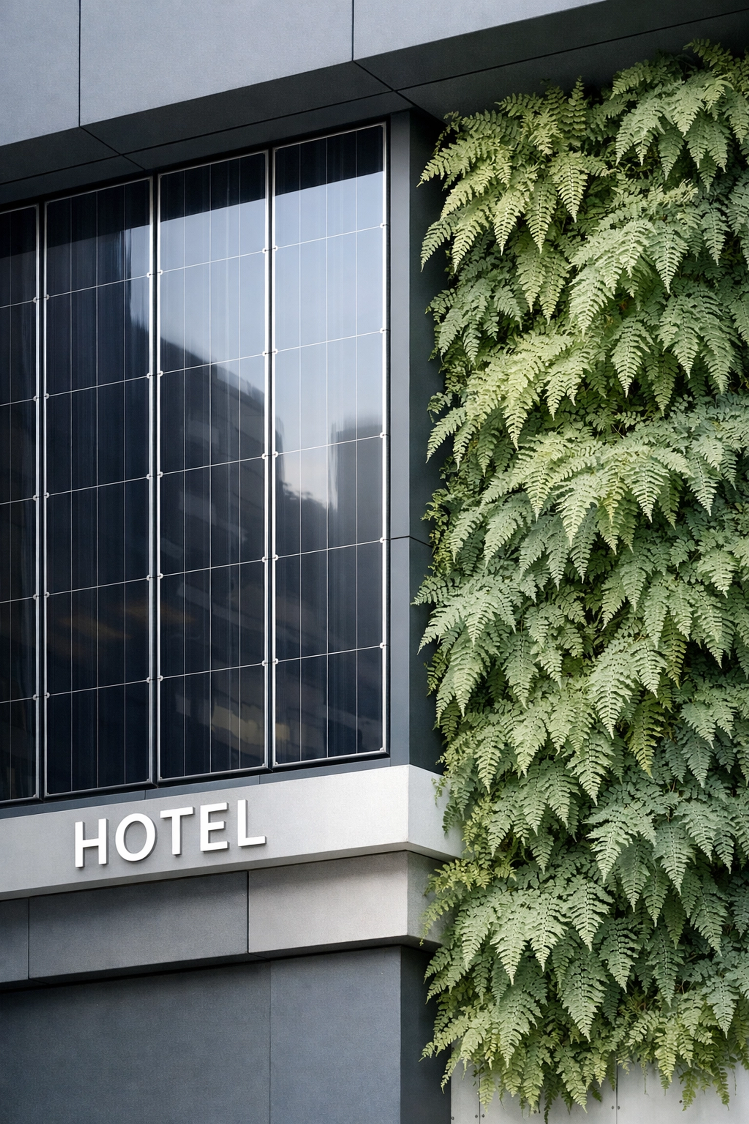 Modern hotel exterior with integrated solar panels and a vertical garden for sustainable energy management.