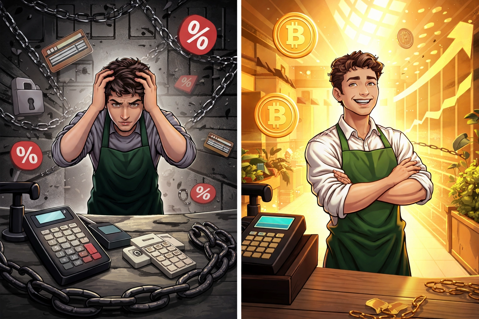 Split view of merchants: one burdened by high interchange fees, one empowered by crypto payments and Larecoin solutions.