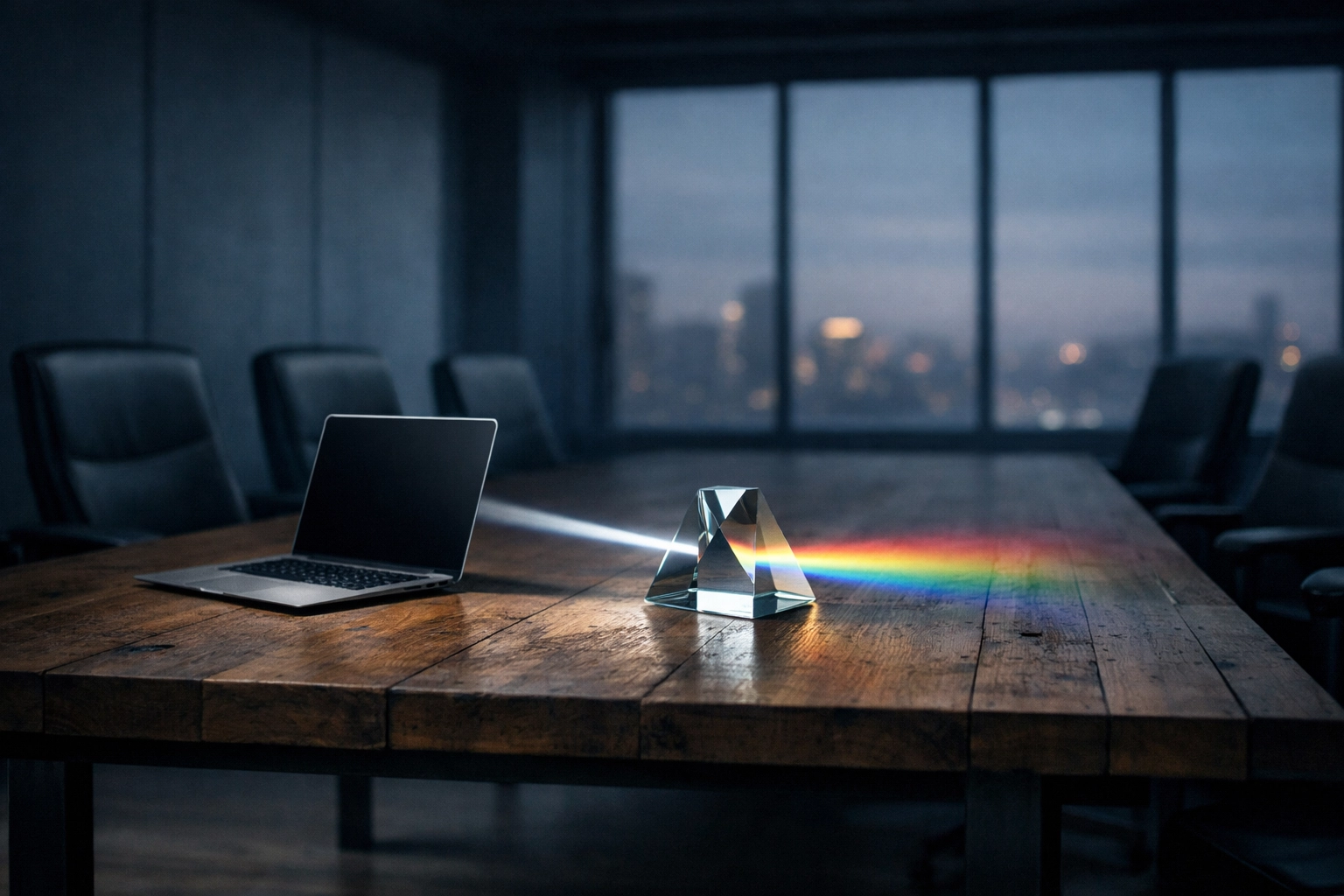 Industrial office table with a laptop, symbolizing operational efficiency and digital marketing insights.