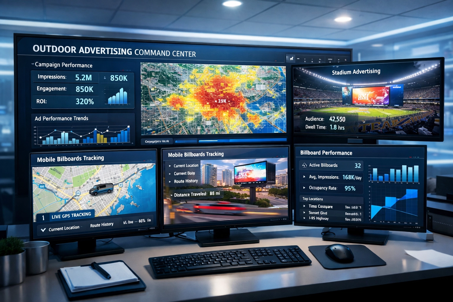 Integrated outdoor advertising dashboard displaying multi-channel analytics and digital signage performance