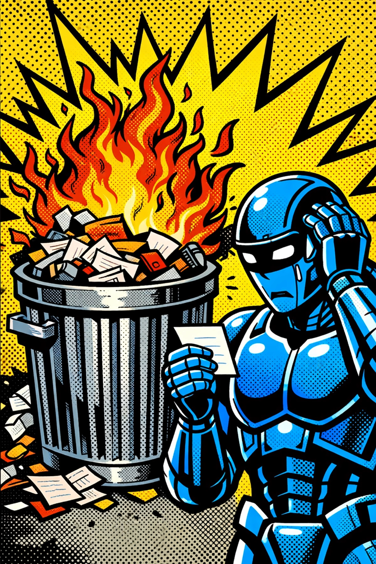 Robot standing by a burning trash can to show the risk of automating broken business processes.