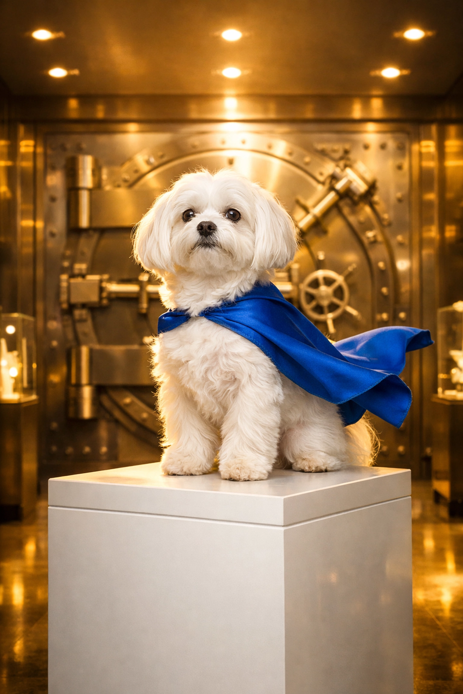 Maltese dog in a blue cape representing the gold standard of professional authentication for resale shops.