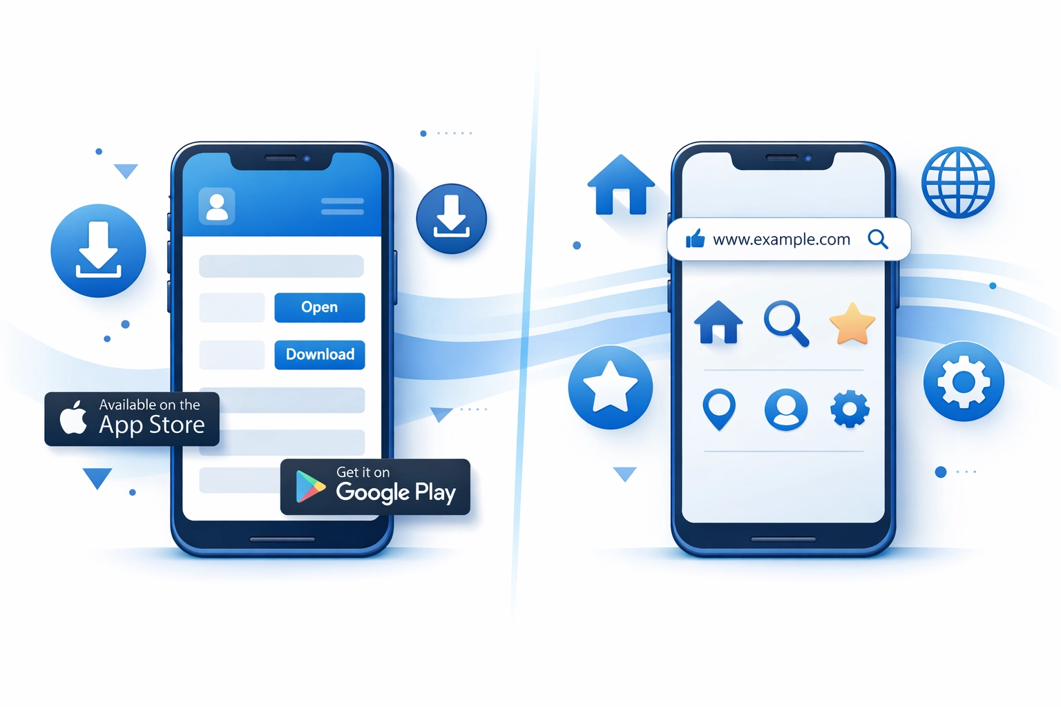 Native app vs web app comparison showing download vs browser-based access