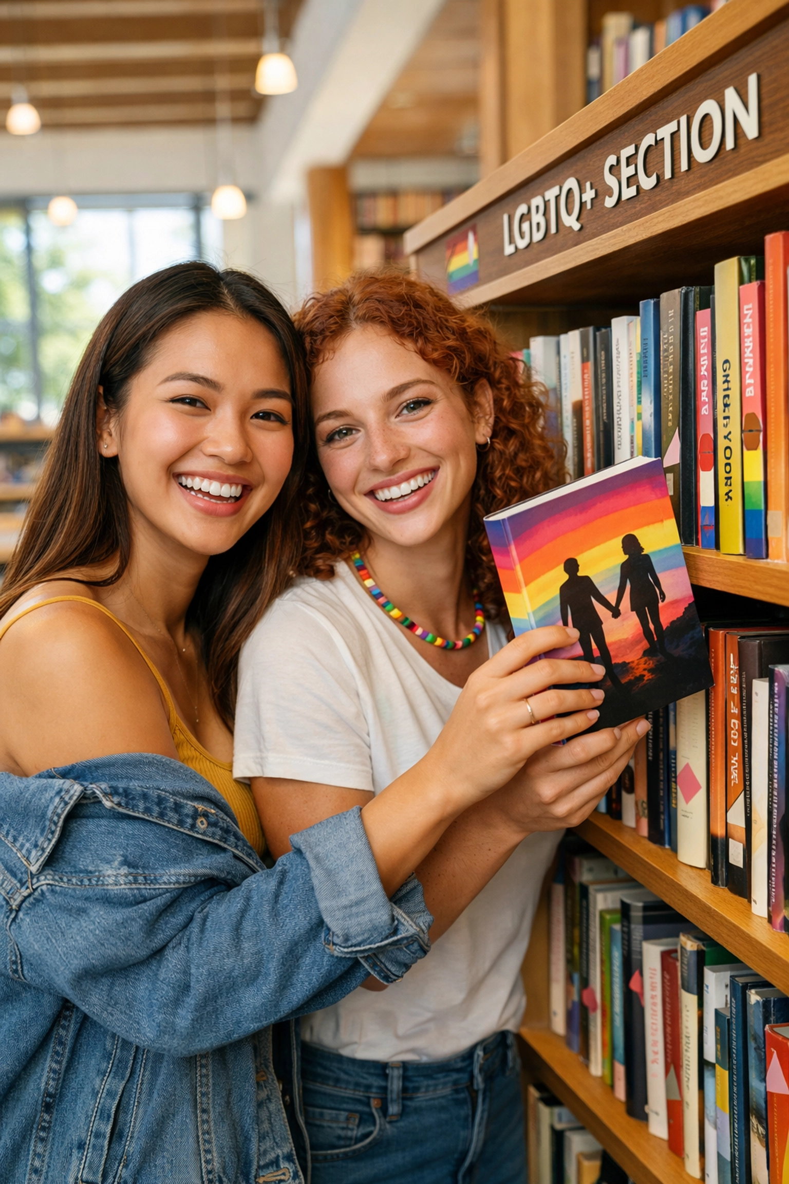 Two women happily browsing LGBTQ+ books and discovering new stories by queer authors.