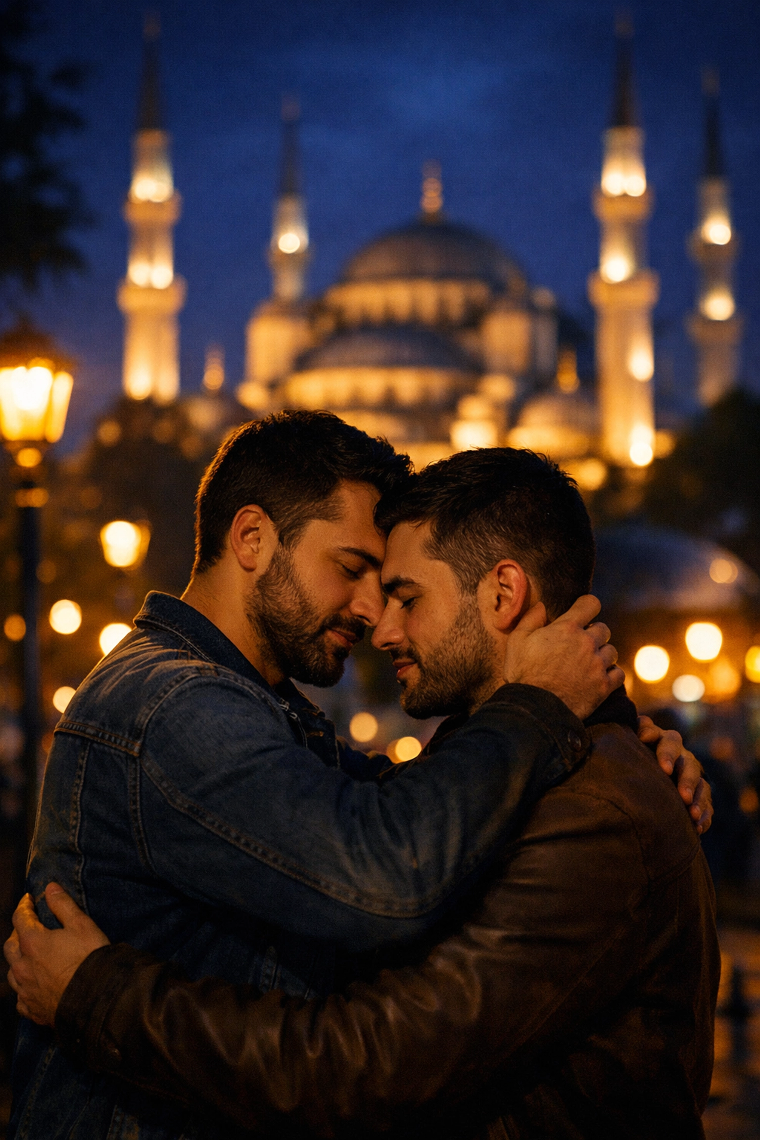 Two men embrace under Istanbul's night sky near Sultanahmet mosques - gay love story