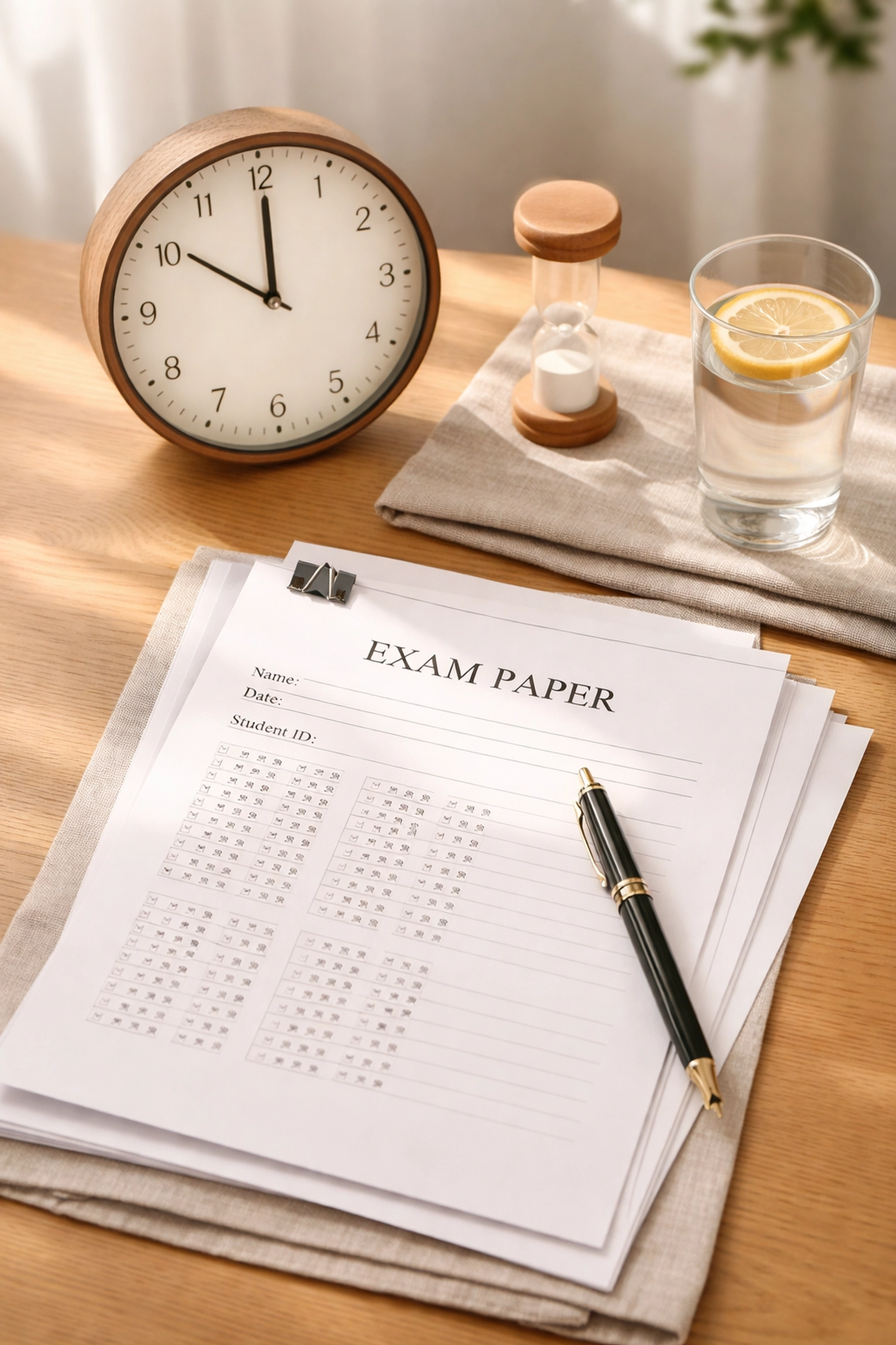 Timed exam setup with past Chemistry Olympiad papers, clock, and study essentials on a tidy desk