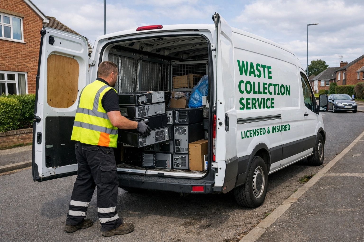 A professional waste carrier loading computers for free e-waste collection in Northamptonshire.