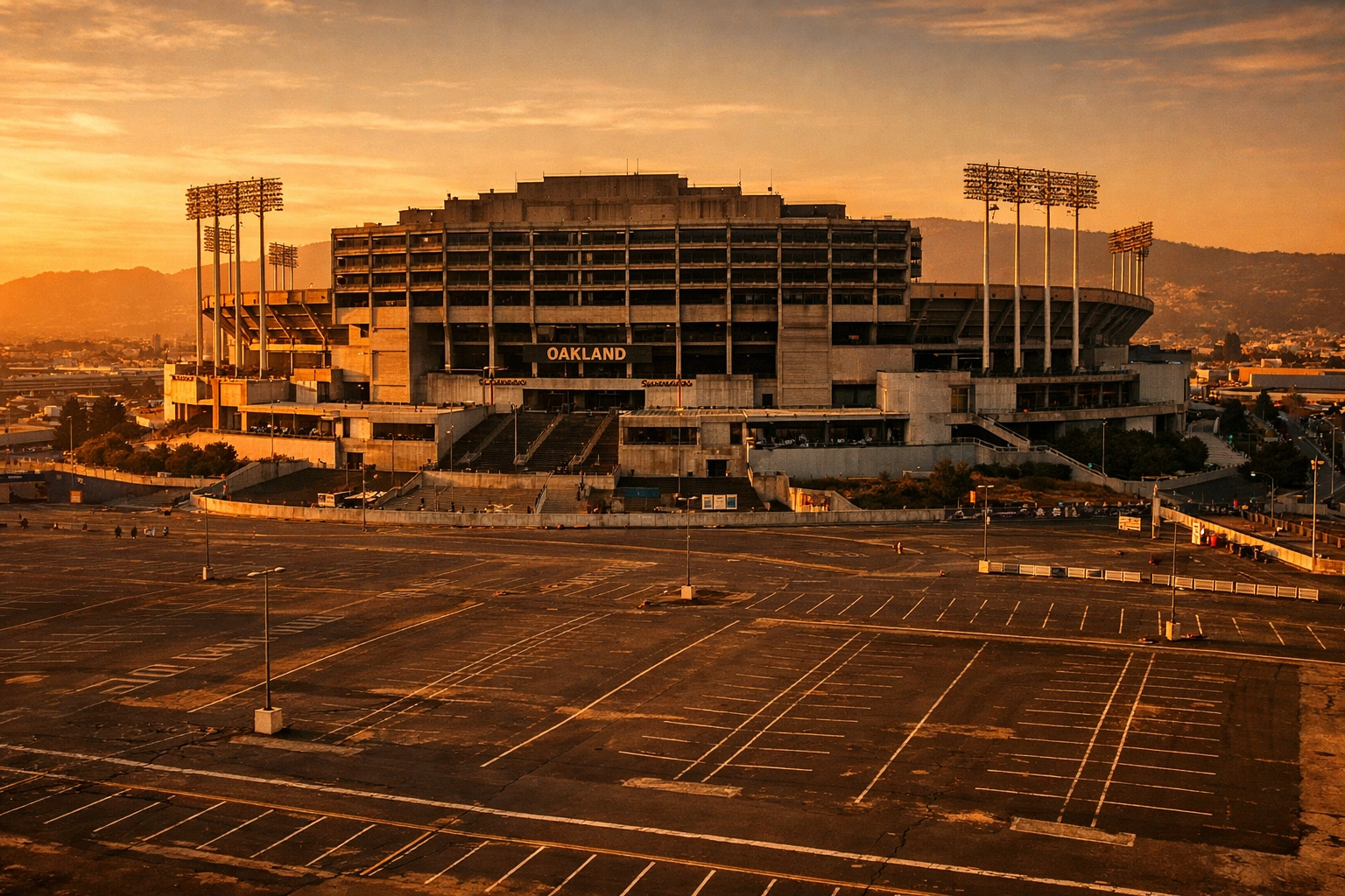 Oakland Coliseum complex with Mount Davis structure blocking Oakland Hills view at sunset