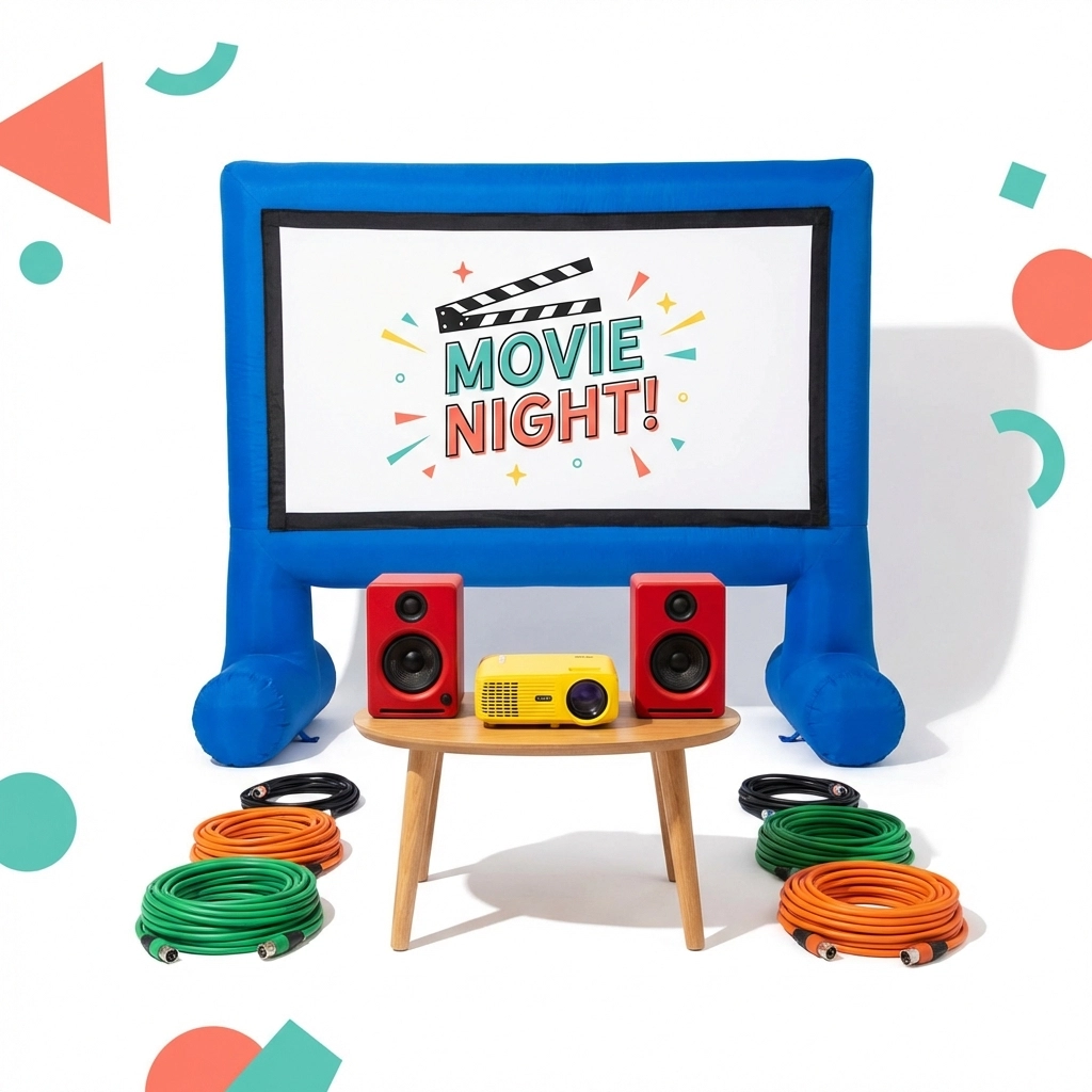 Backyard movie night rental essentials including inflatable screen, projector and speakers displayed for outdoor setup