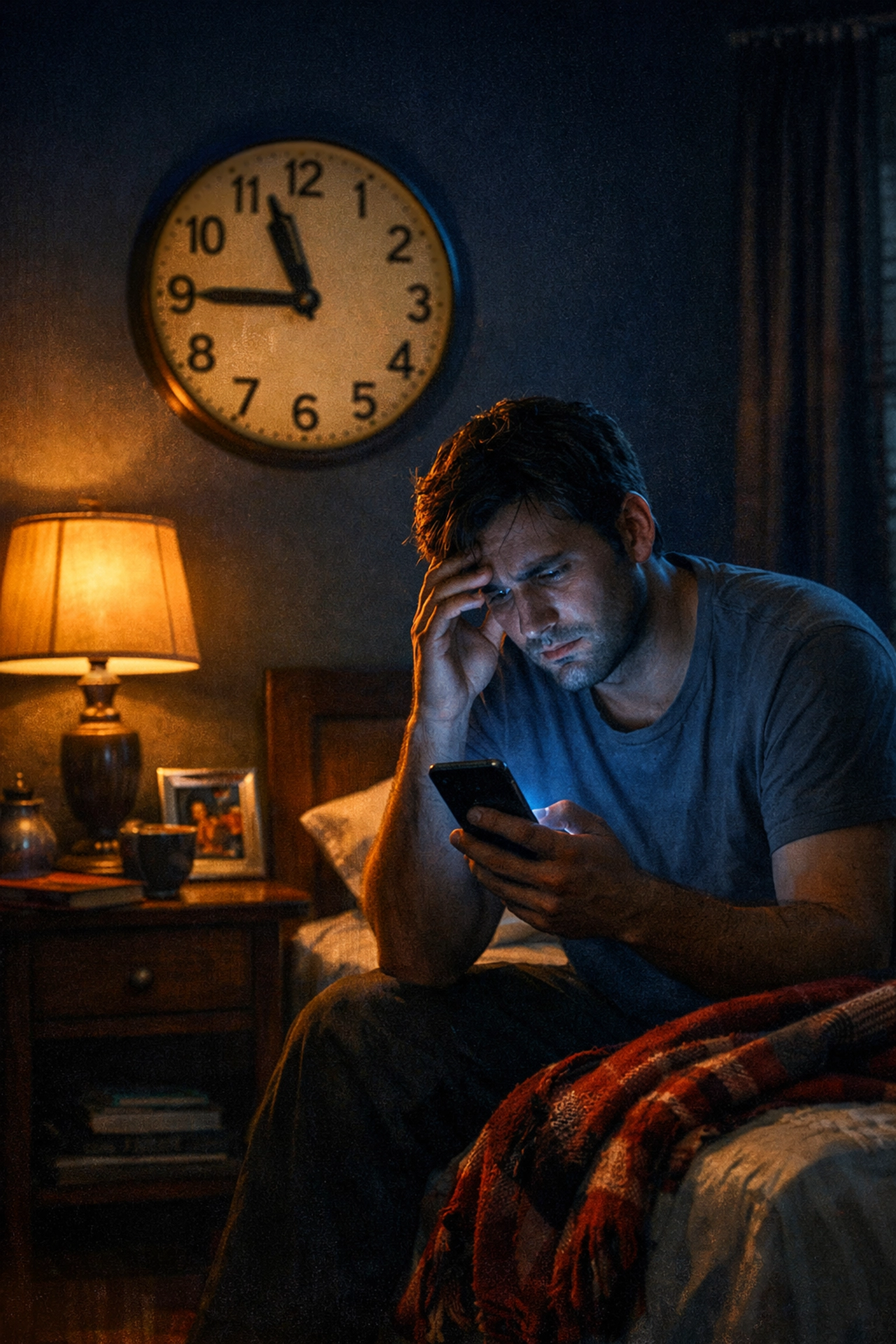 Exhausted person doomscrolling on phone in bed late at night showing harmful bedtime habits