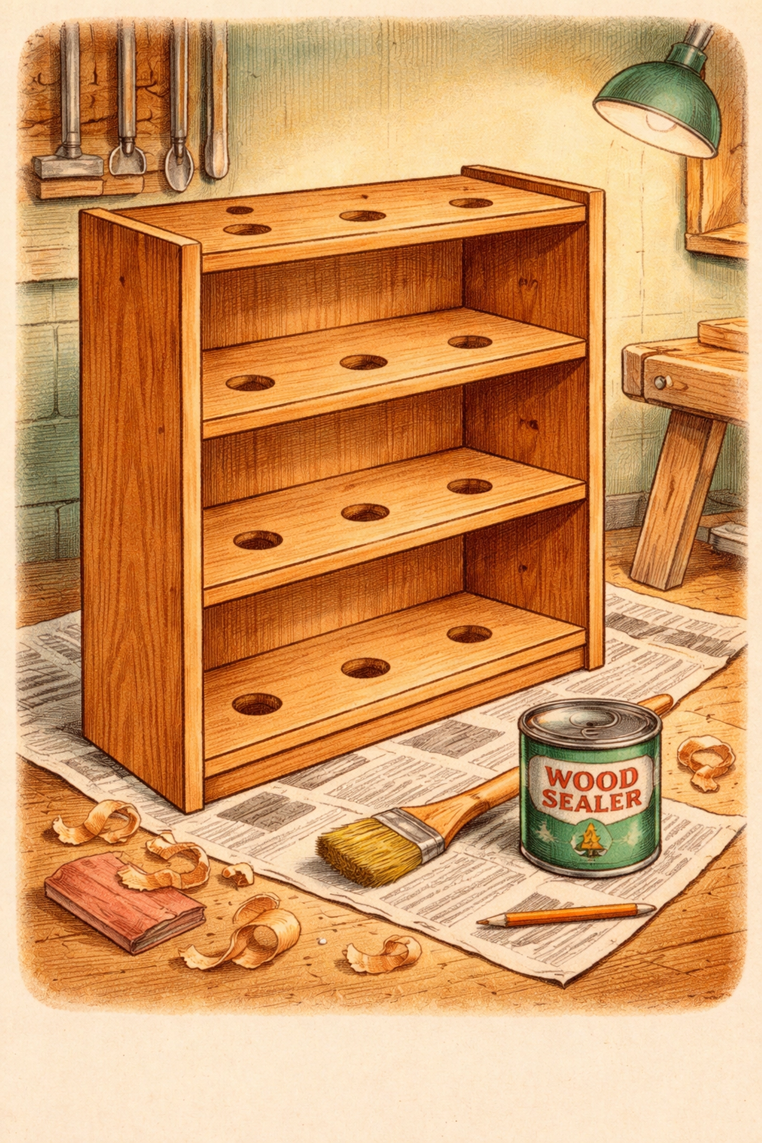 A bookshelf with neatly cut holes and wood sealant nearby, ready to become a moisture-protected indoor herb garden.