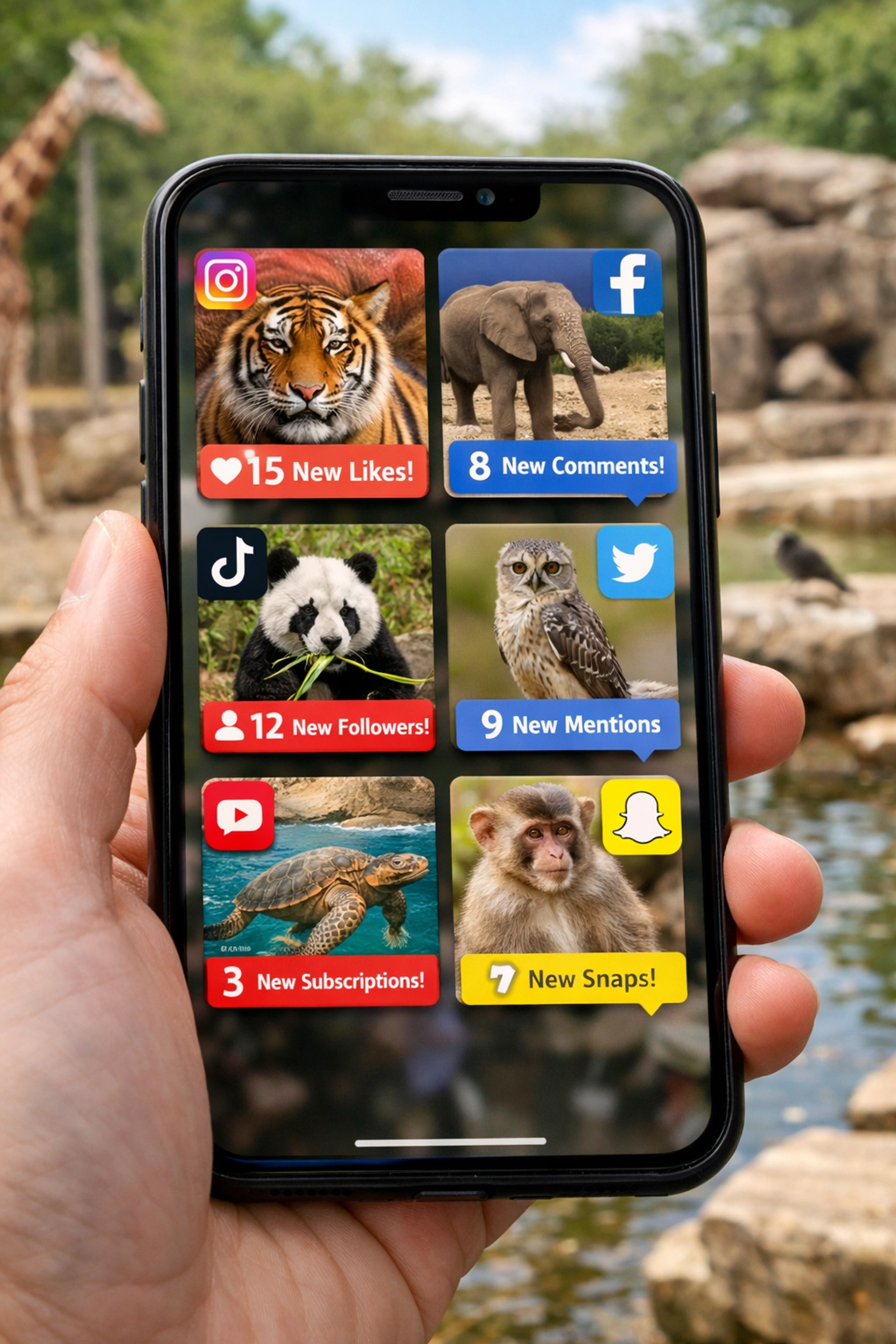Mobile phone showing wildlife social media content with real-time notifications and engagement alerts